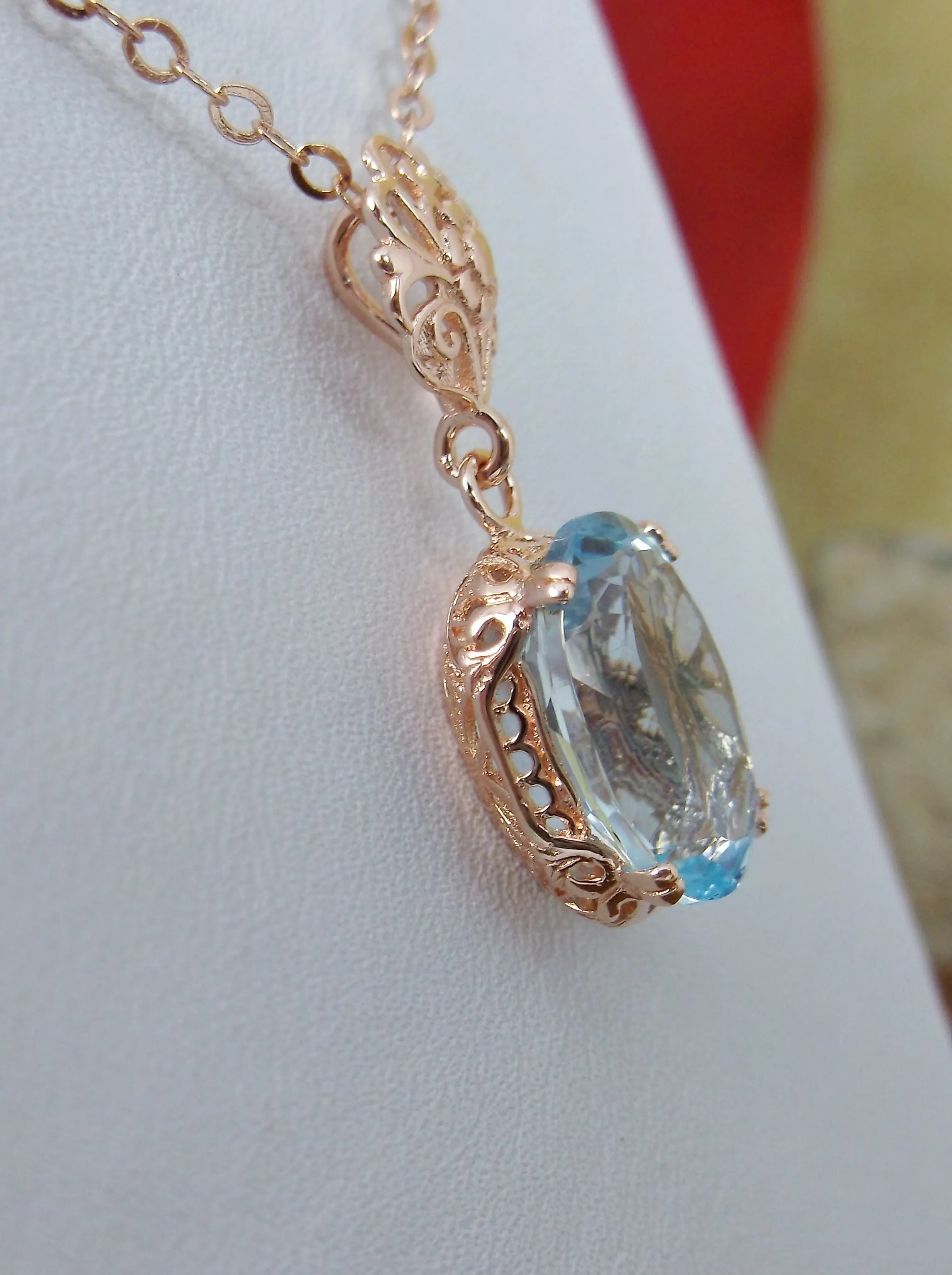 Topaz Pendant, Rose Gold, Natural Sky Blue Topaz Edwardian Necklace #P70