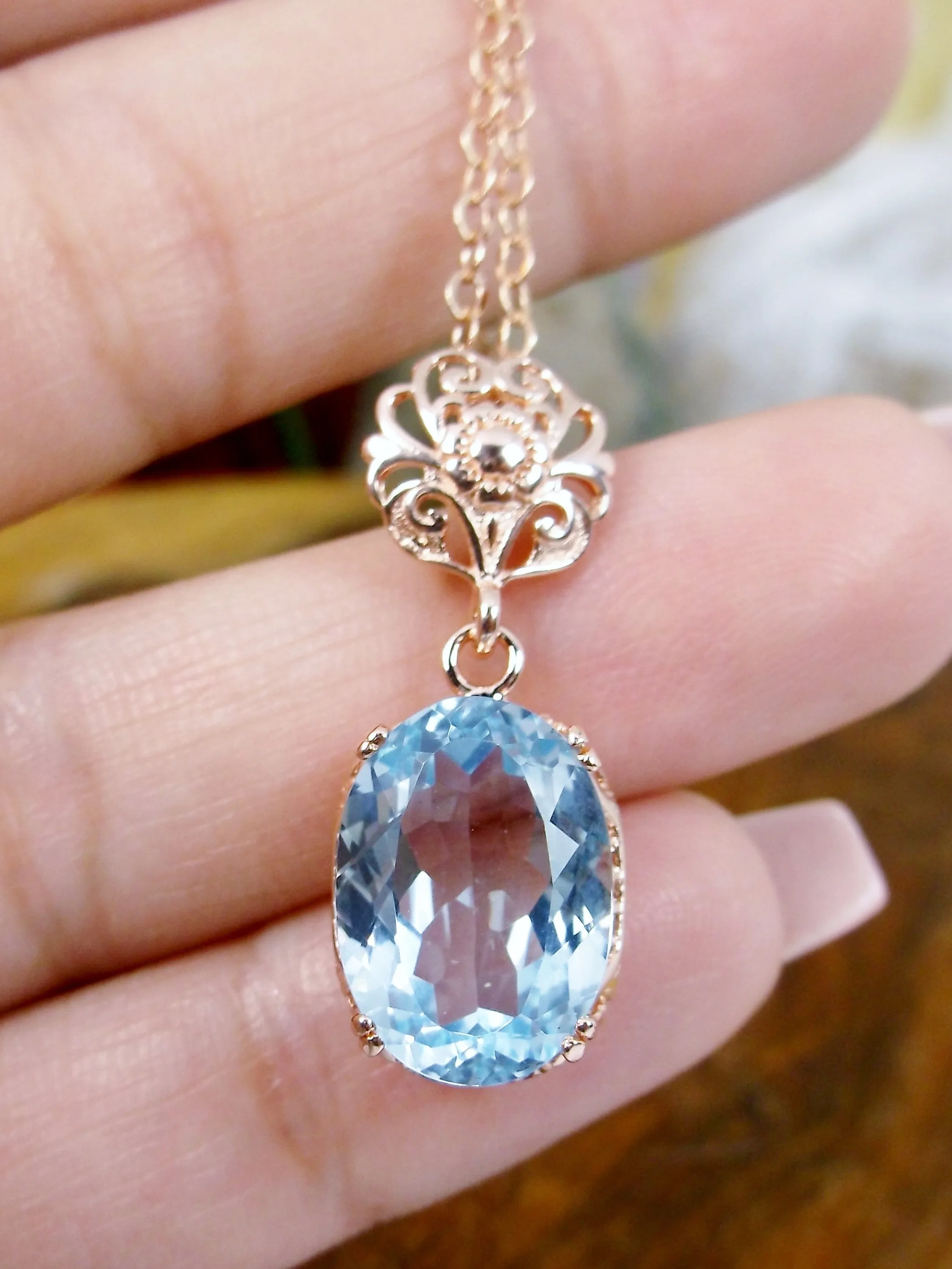 Topaz Pendant, Rose Gold, Natural Sky Blue Topaz Edwardian Necklace #P70