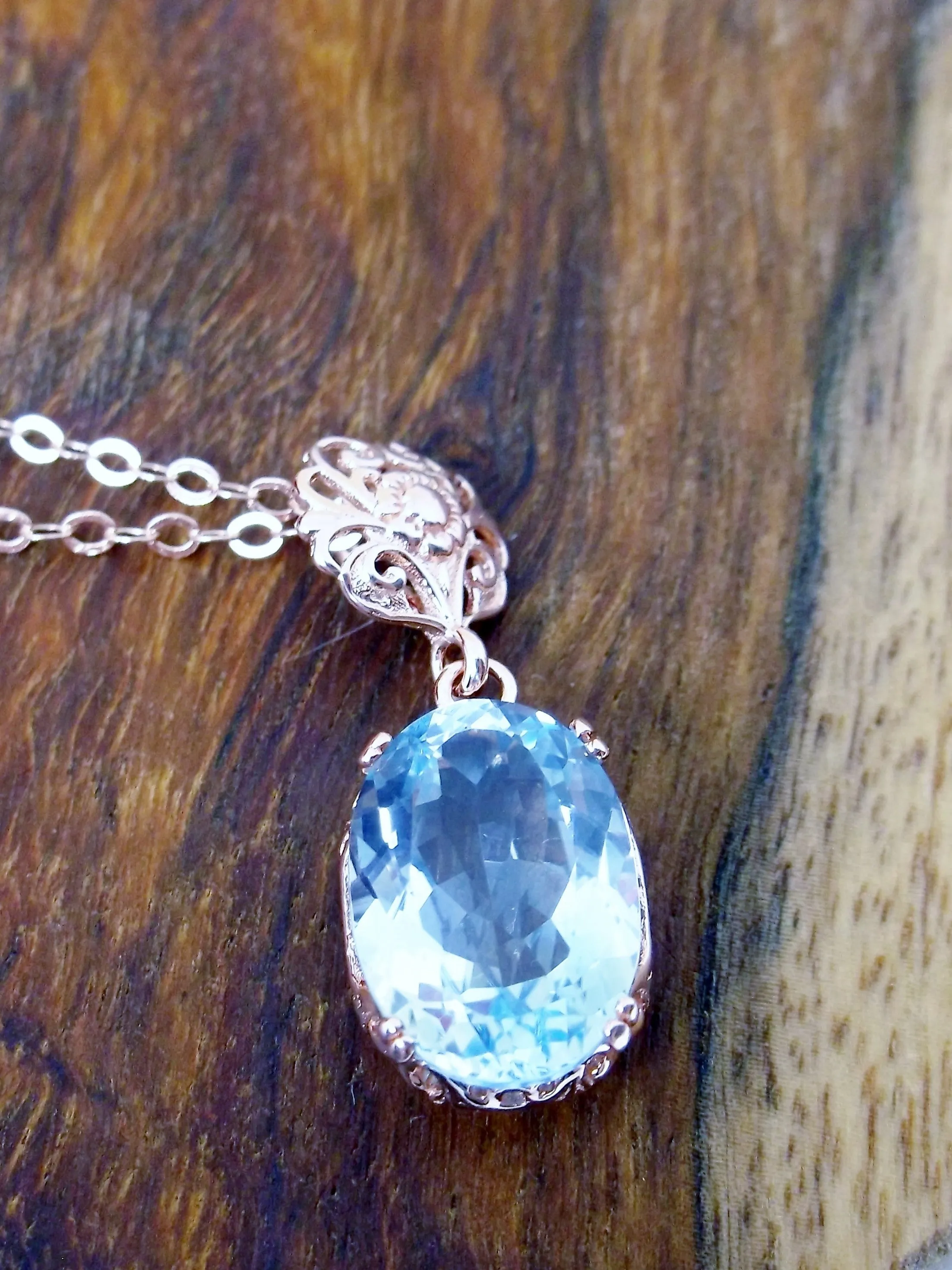 Topaz Pendant, Rose Gold, Natural Sky Blue Topaz Edwardian Necklace #P70