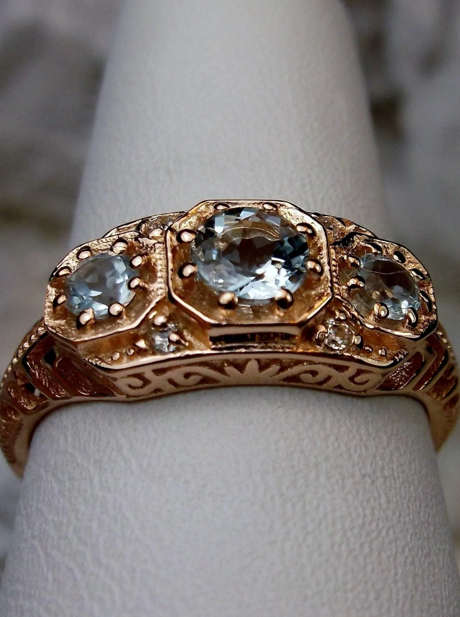 Topaz Ring, Natural Sky Blue Gemstone, Rose Gold, Art Deco Jewelry #D161