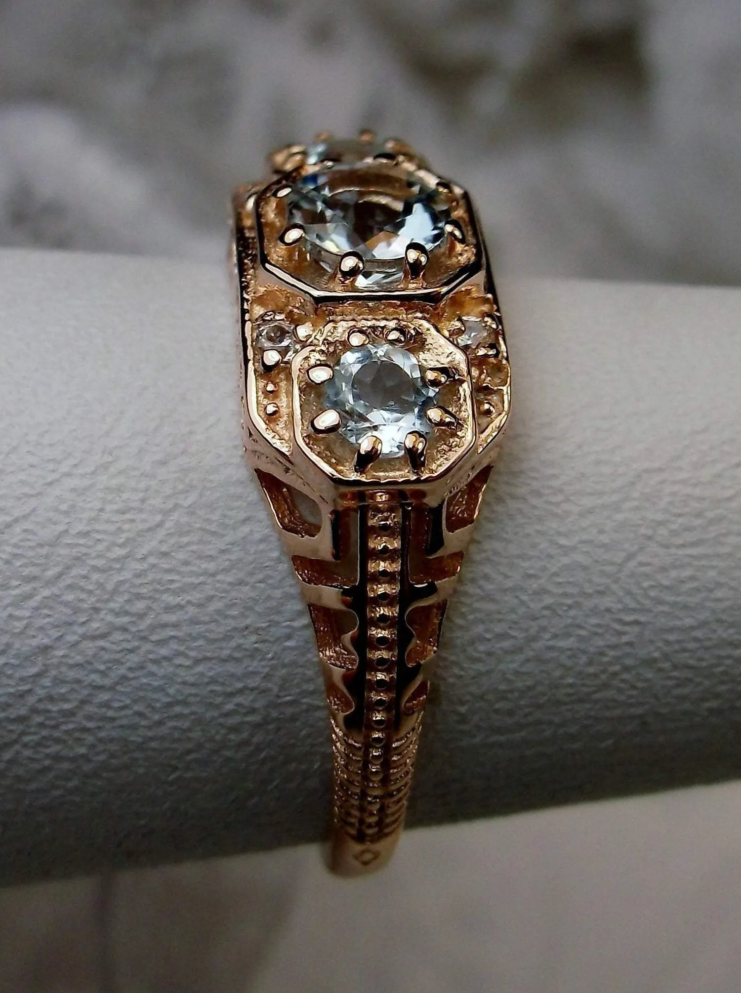 Topaz Ring, Natural Sky Blue Gemstone, Rose Gold, Art Deco Jewelry #D161