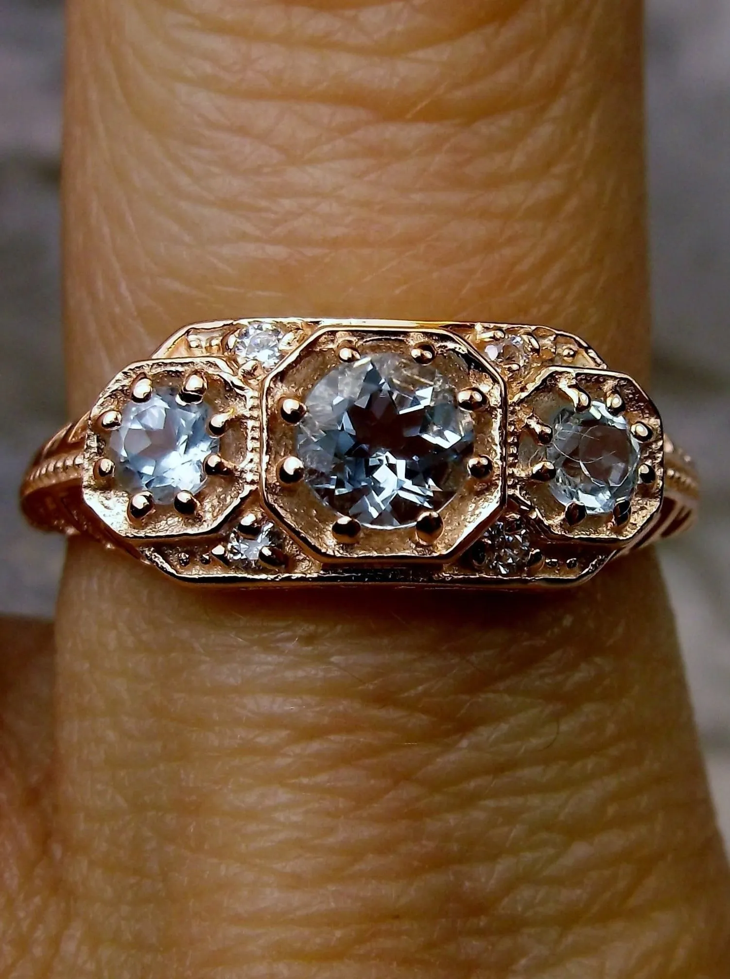 Topaz Ring, Natural Sky Blue Gemstone, Rose Gold, Art Deco Jewelry #D161