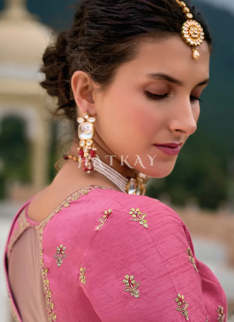Turquoise And Pink Floral Embroidery Saree