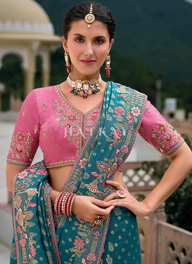 Turquoise And Pink Floral Embroidery Saree