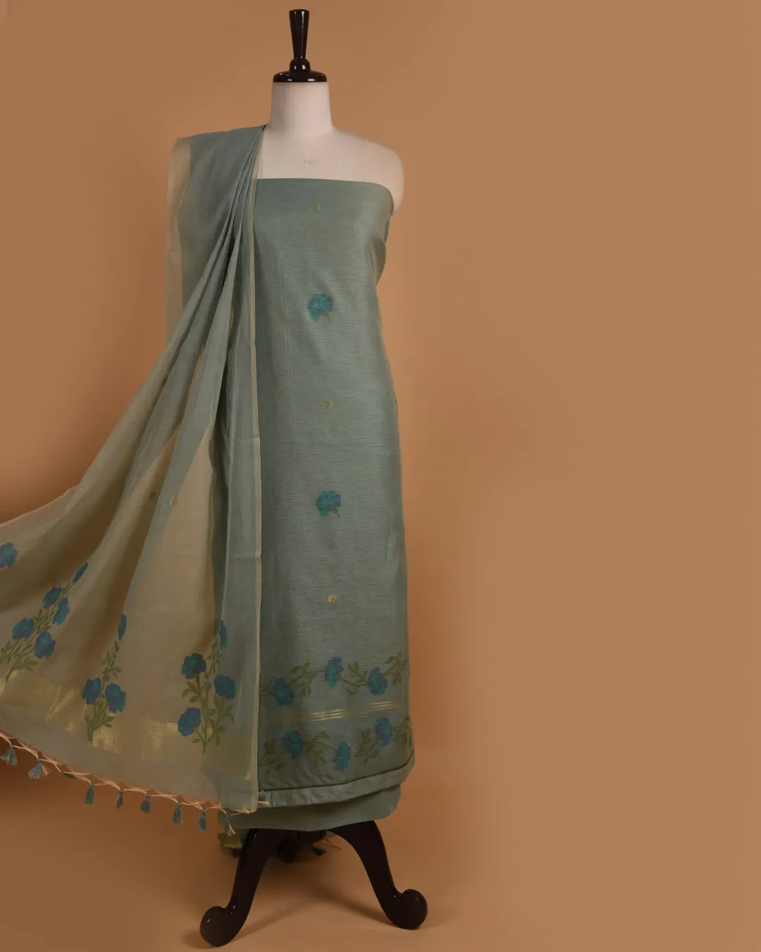 Turquoise Chanderi Silk Woven Unstitched Suit Fabric Set With Chanderi Silk Dupatta