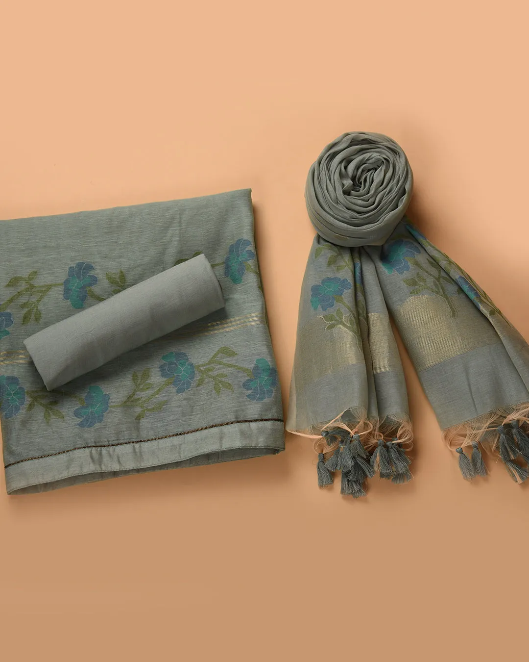Turquoise Chanderi Silk Woven Unstitched Suit Fabric Set With Chanderi Silk Dupatta