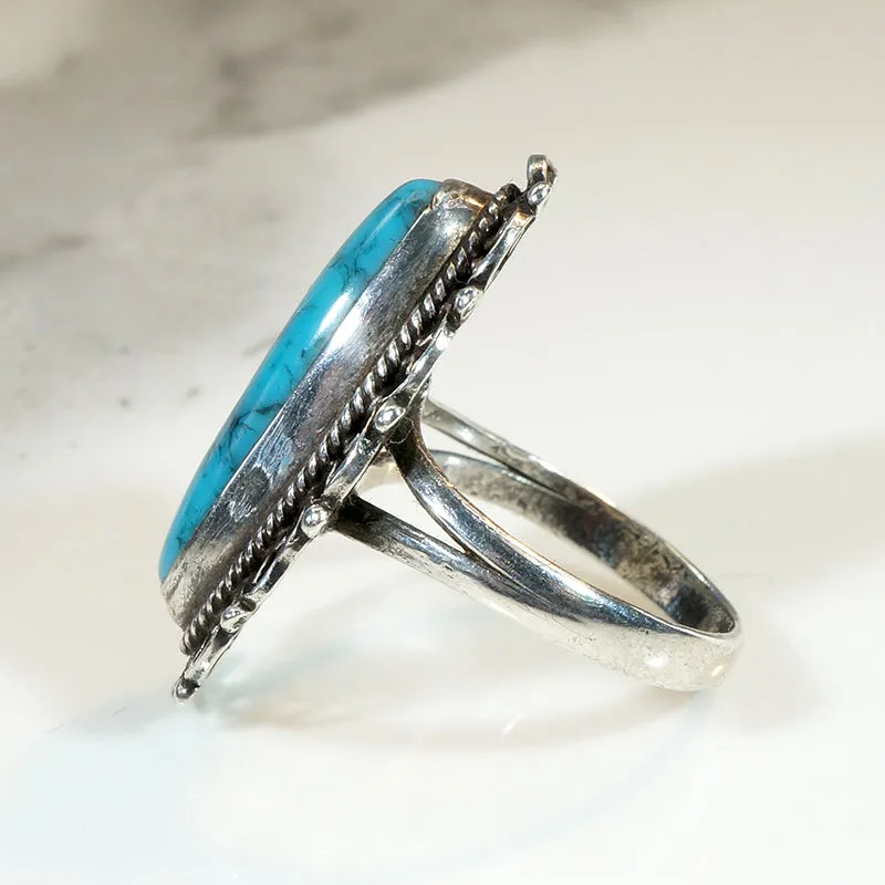 Turquoise-Colored Glass in Sterling Filigree Ring