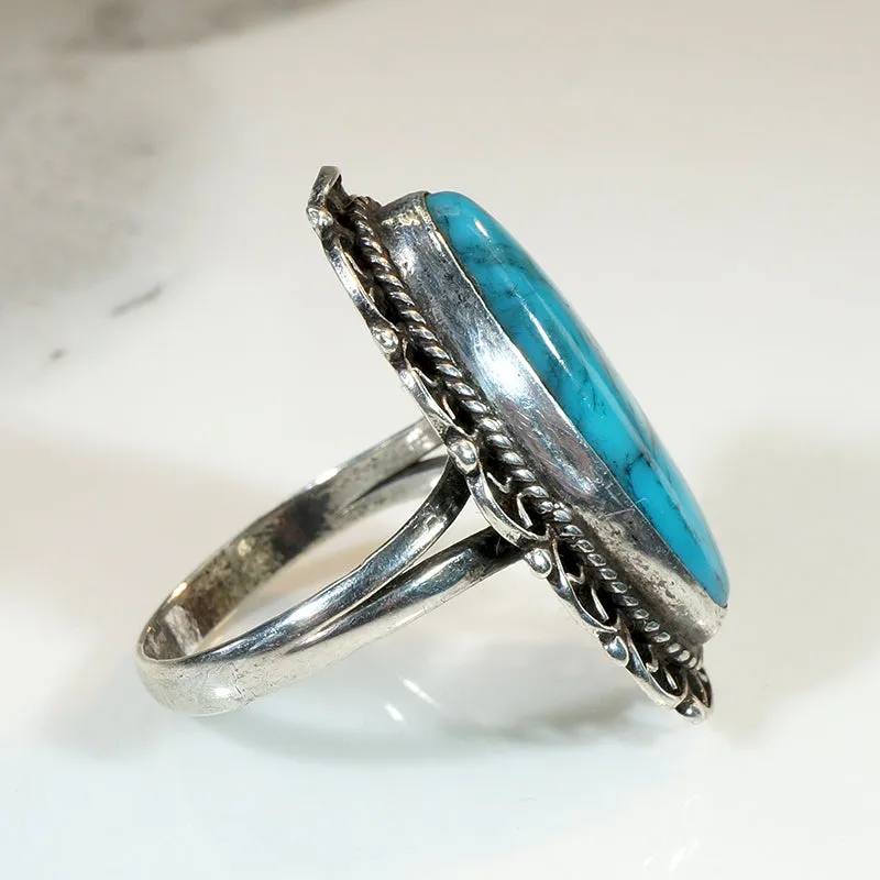 Turquoise-Colored Glass in Sterling Filigree Ring