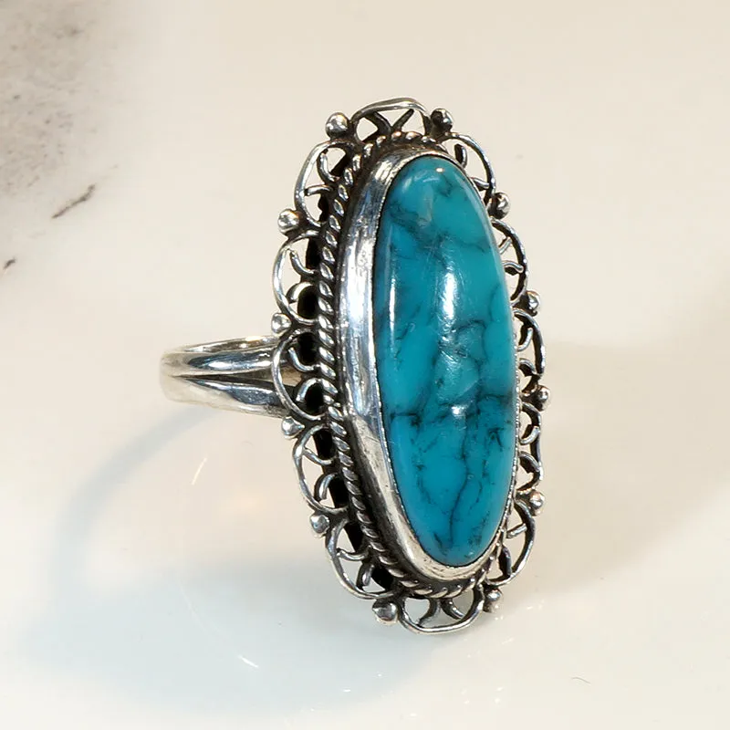 Turquoise-Colored Glass in Sterling Filigree Ring