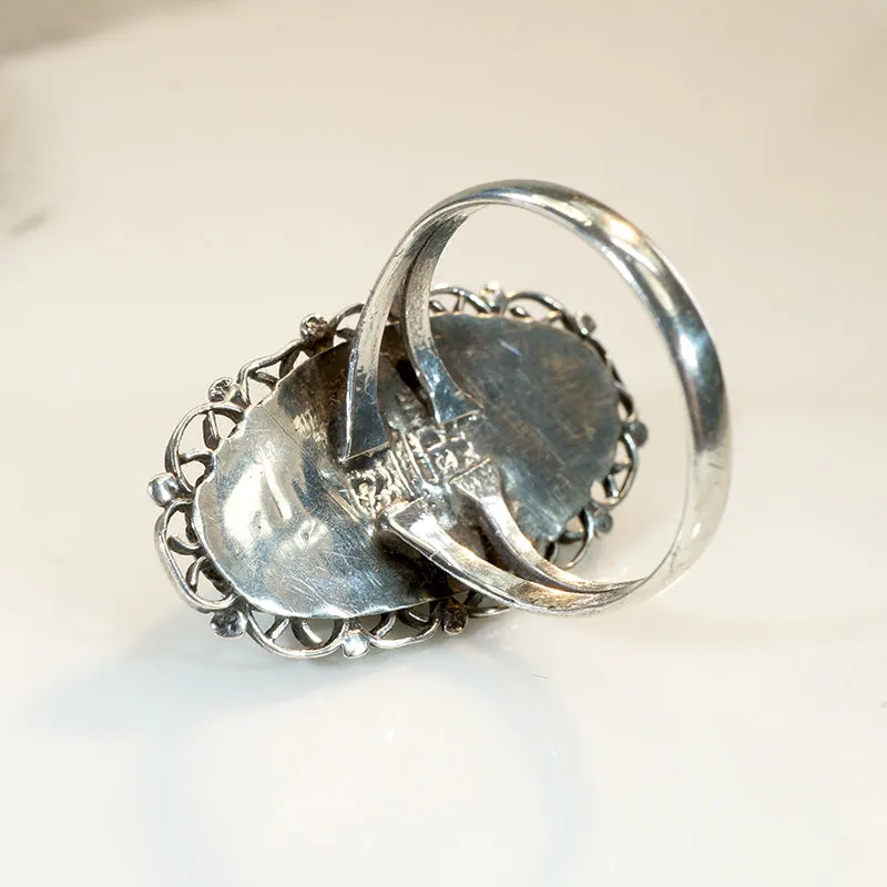 Turquoise-Colored Glass in Sterling Filigree Ring