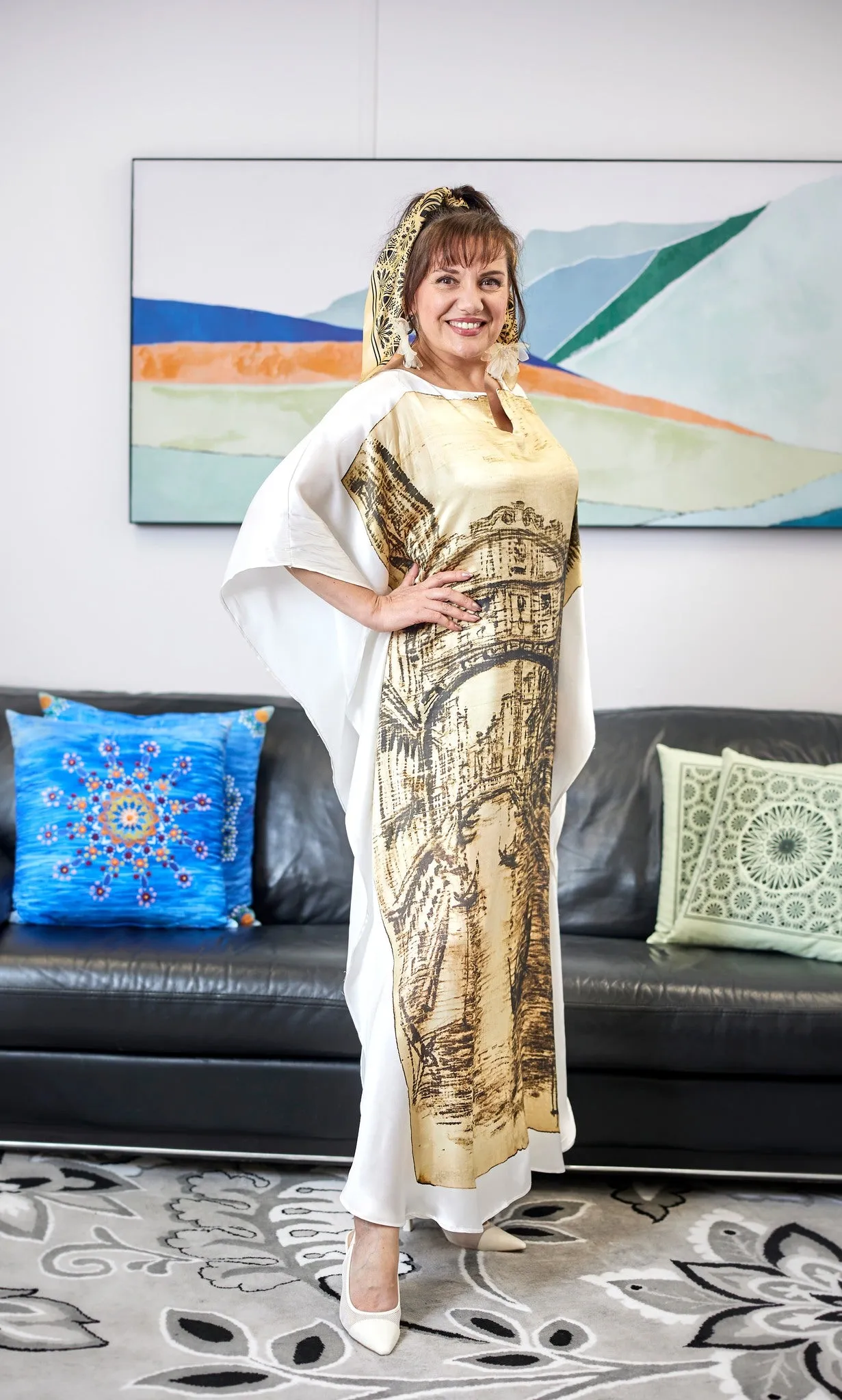 VENICE 100% Silk Maxi Art-A-Porte Caftan in Brown Beige