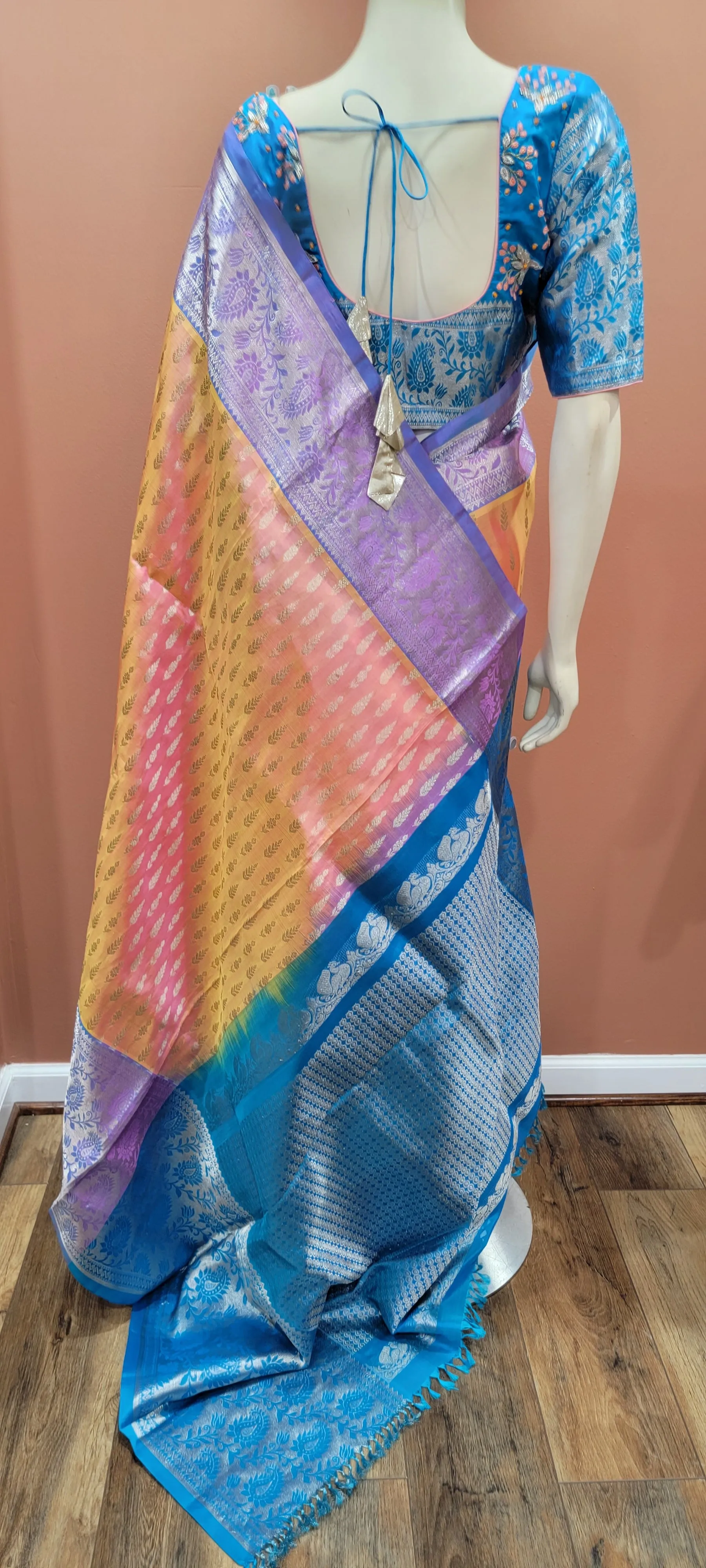 Venkatagiri Saree in Peach W/ Work Blouse