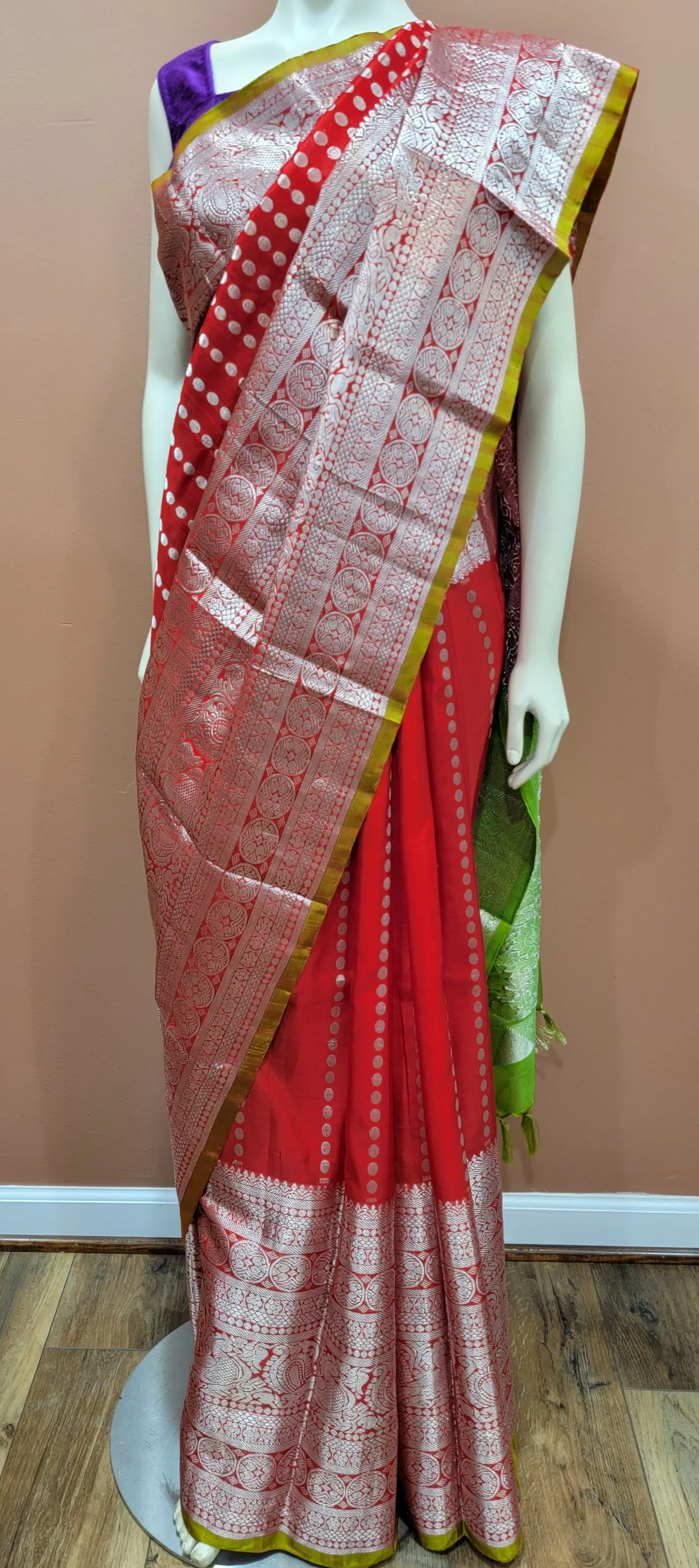Venkatagiri Silk Saree in Red and Green w/ Custom Blouse
