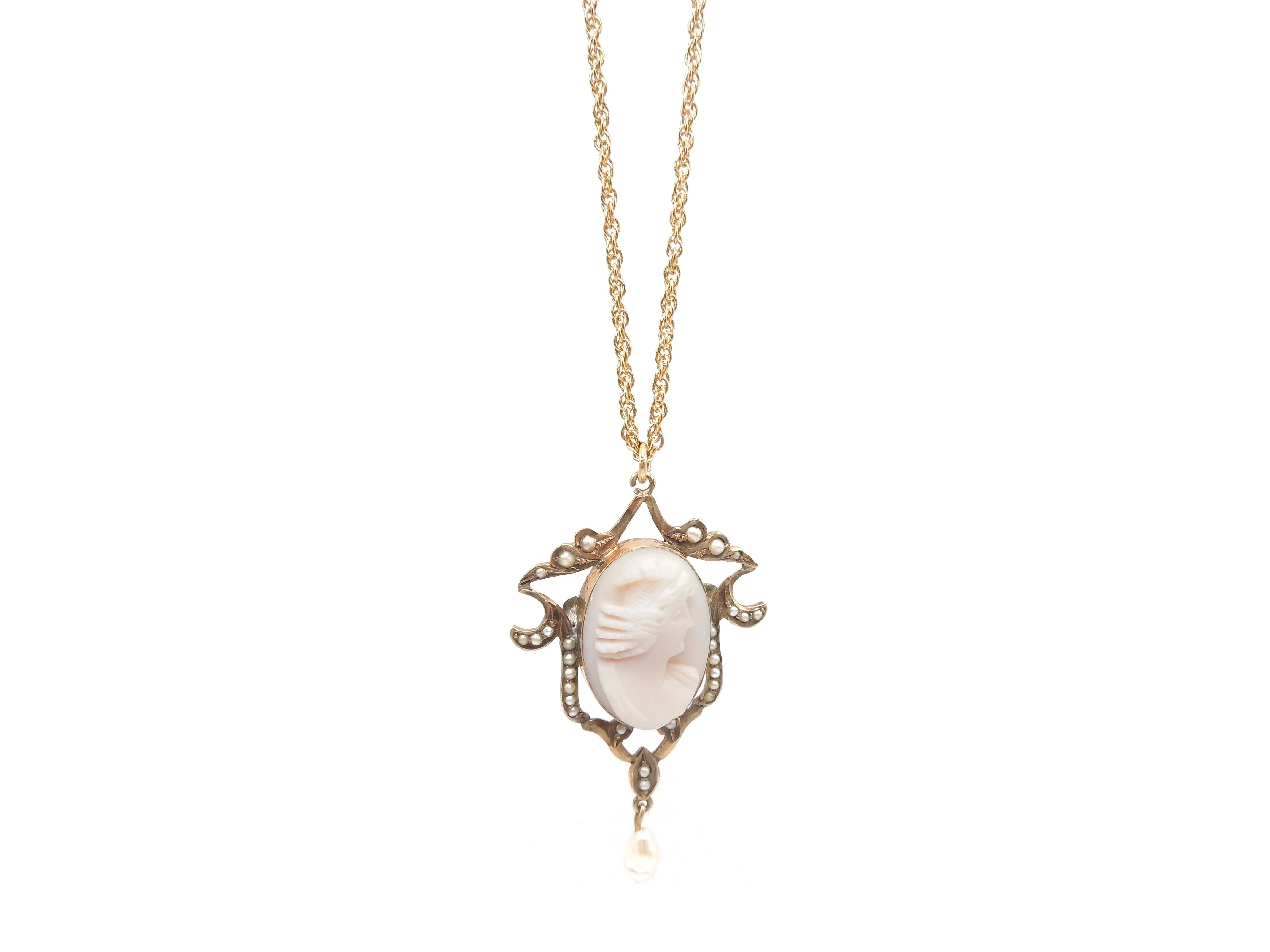 Victorian Style Pearl and Cameo Pin/Pendant in 10K Yellow Gold