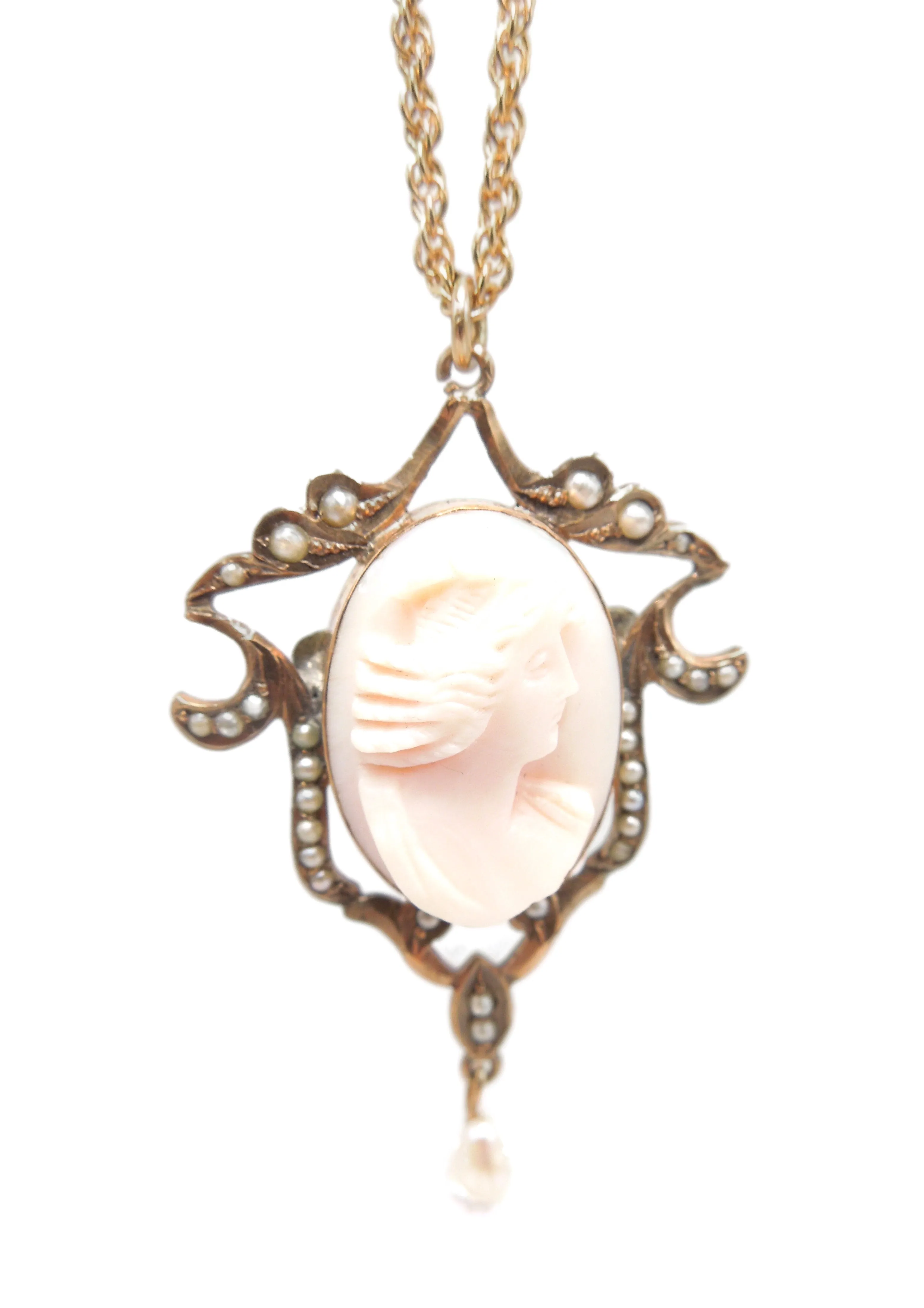 Victorian Style Pearl and Cameo Pin/Pendant in 10K Yellow Gold