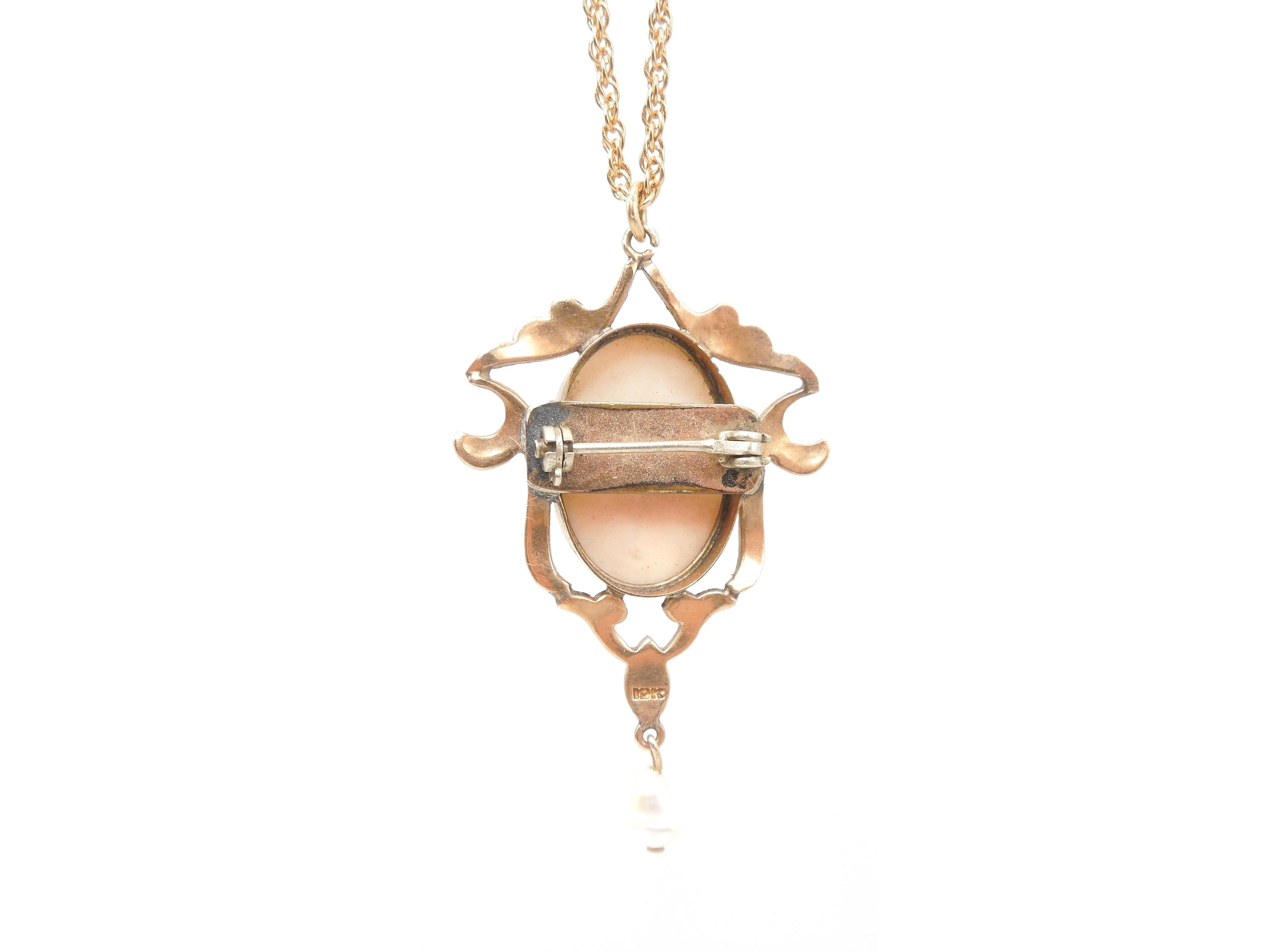 Victorian Style Pearl and Cameo Pin/Pendant in 10K Yellow Gold