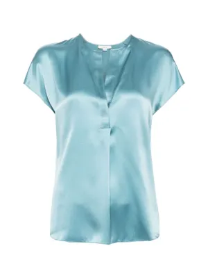 Vince Cap Sleeve Half Placket Blouse in Jade Sea