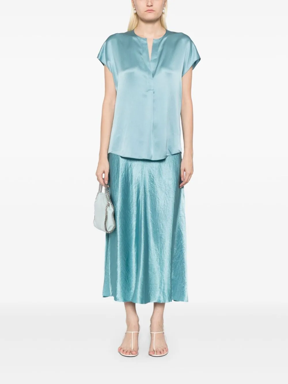 Vince Cap Sleeve Half Placket Blouse in Jade Sea