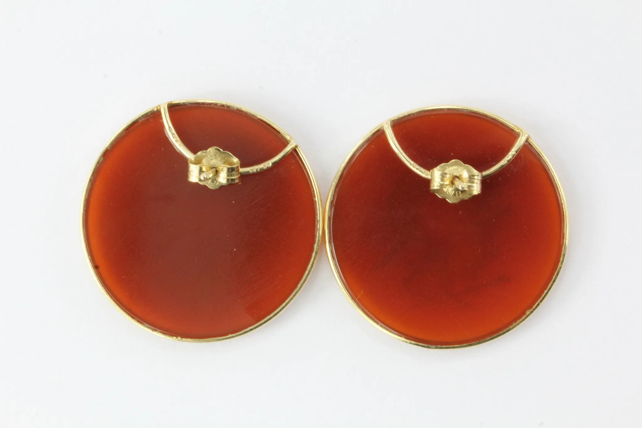 Vintage 14K Gold Carnelian Cameo Roman Warrior Disc Earrings