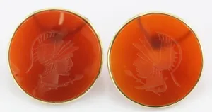 Vintage 14K Gold Carnelian Cameo Roman Warrior Disc Earrings