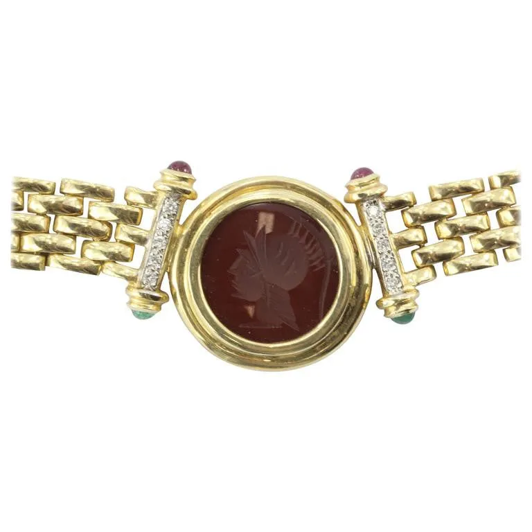 Vintage 14K Gold Greek Warrior Carnelian Cameo Diamond Emerald Ruby Necklace