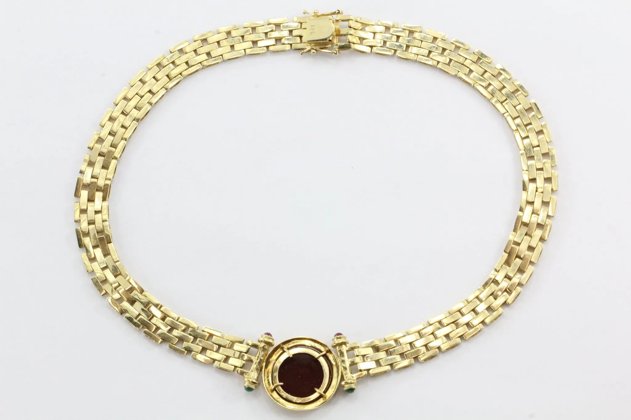 Vintage 14K Gold Greek Warrior Carnelian Cameo Diamond Emerald Ruby Necklace