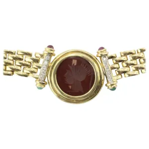 Vintage 14K Gold Greek Warrior Carnelian Cameo Diamond Emerald Ruby Necklace