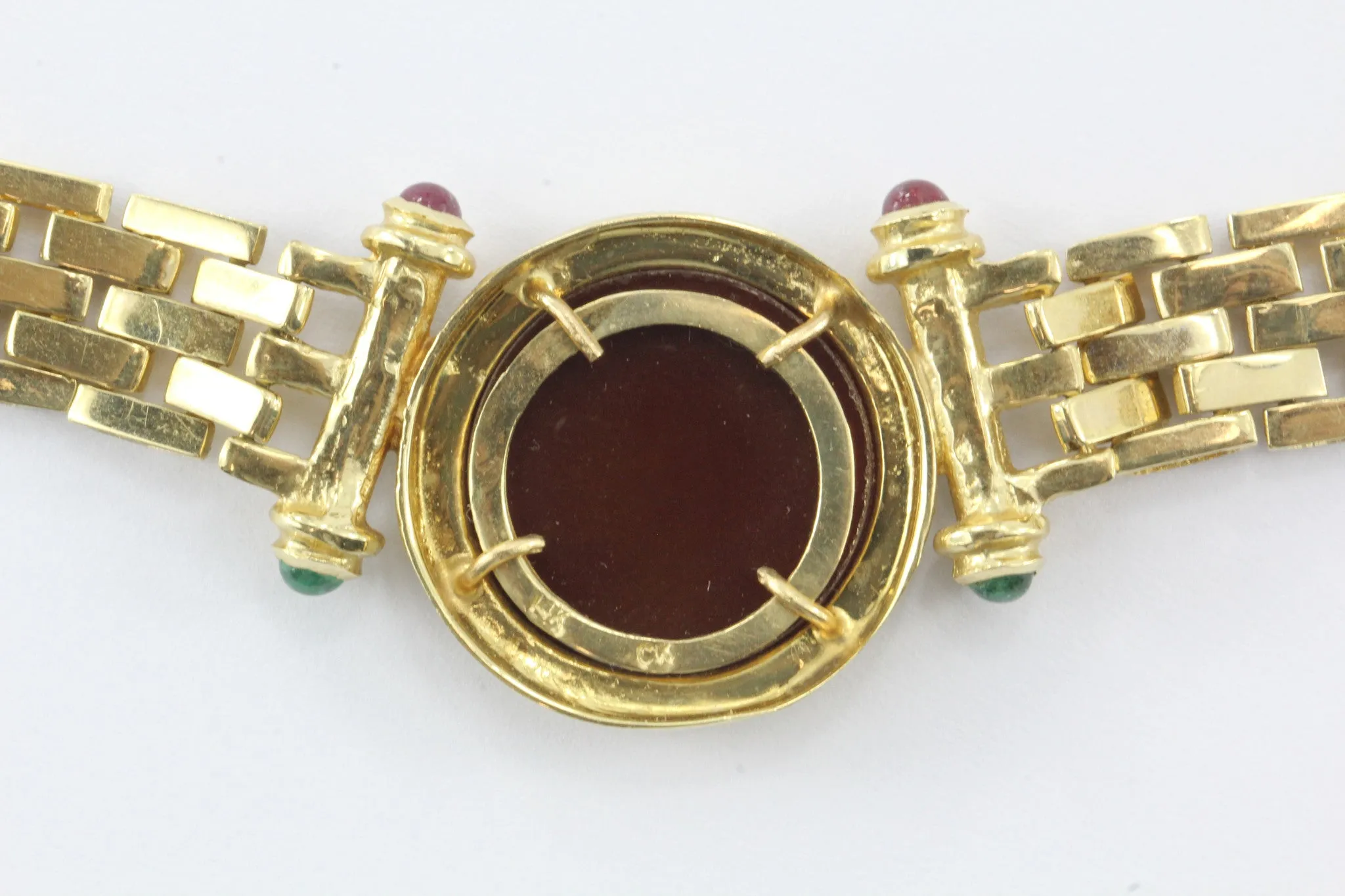 Vintage 14K Gold Greek Warrior Carnelian Cameo Diamond Emerald Ruby Necklace