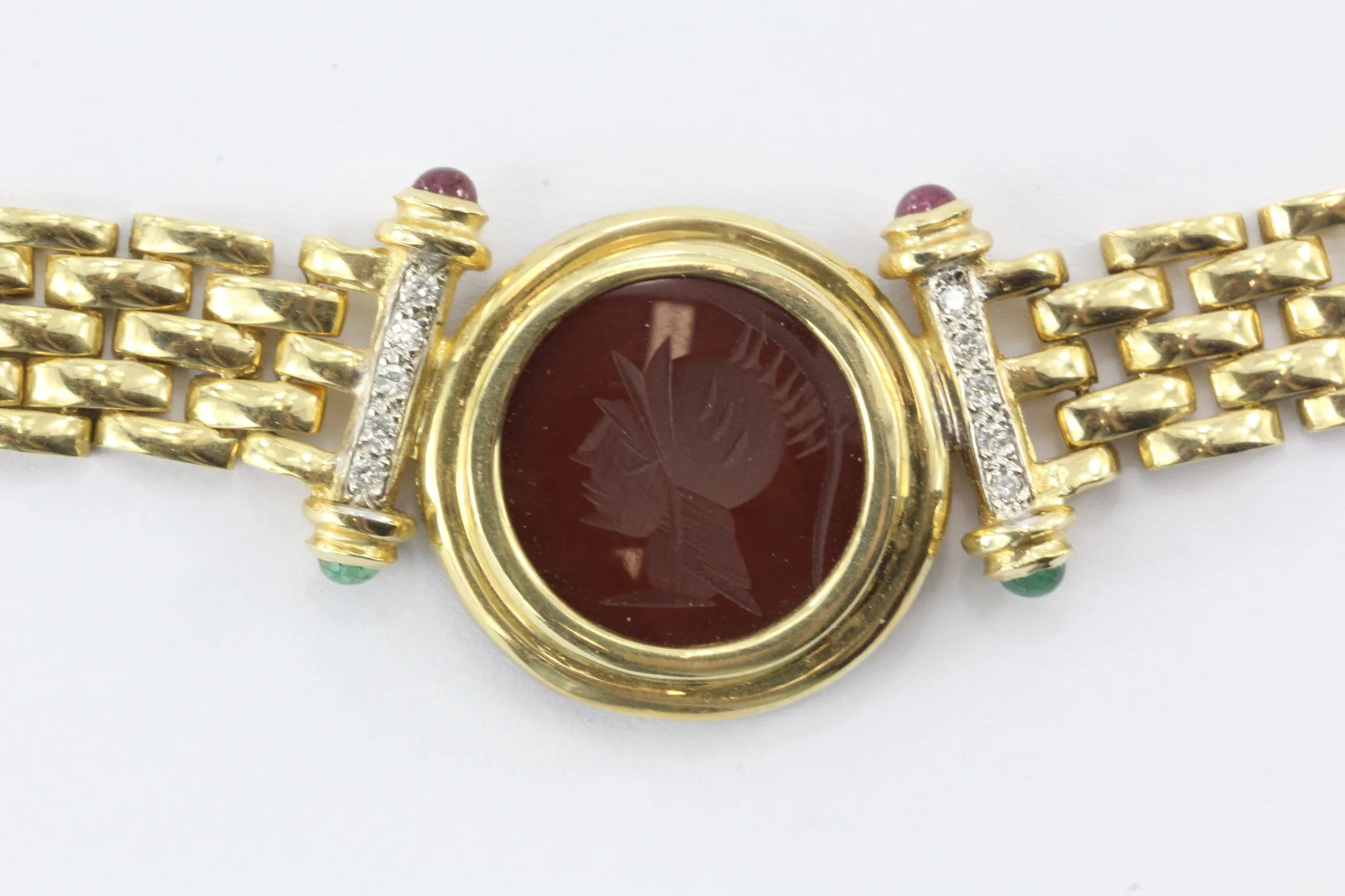 Vintage 14K Gold Greek Warrior Carnelian Cameo Diamond Emerald Ruby Necklace
