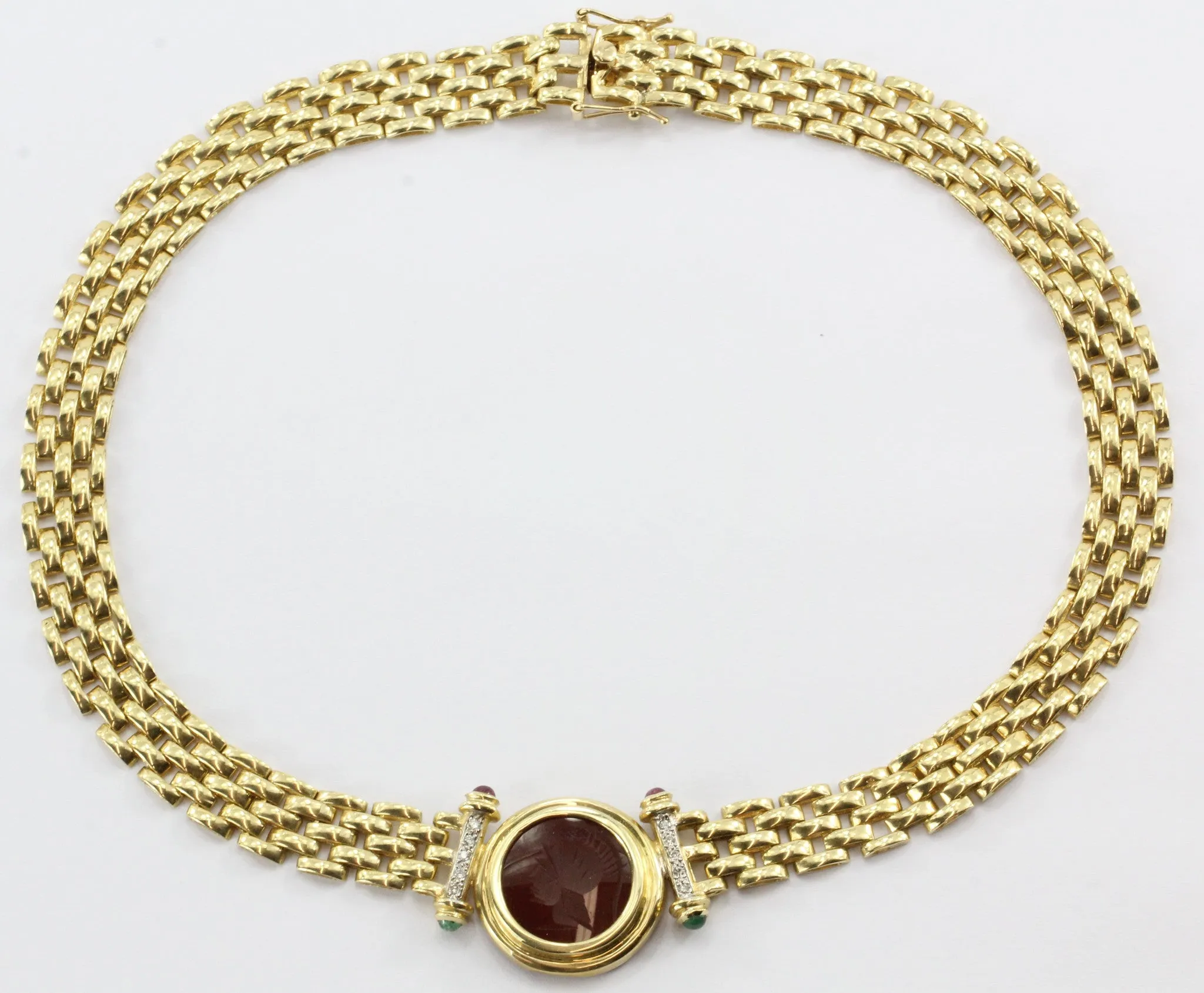 Vintage 14K Gold Greek Warrior Carnelian Cameo Diamond Emerald Ruby Necklace