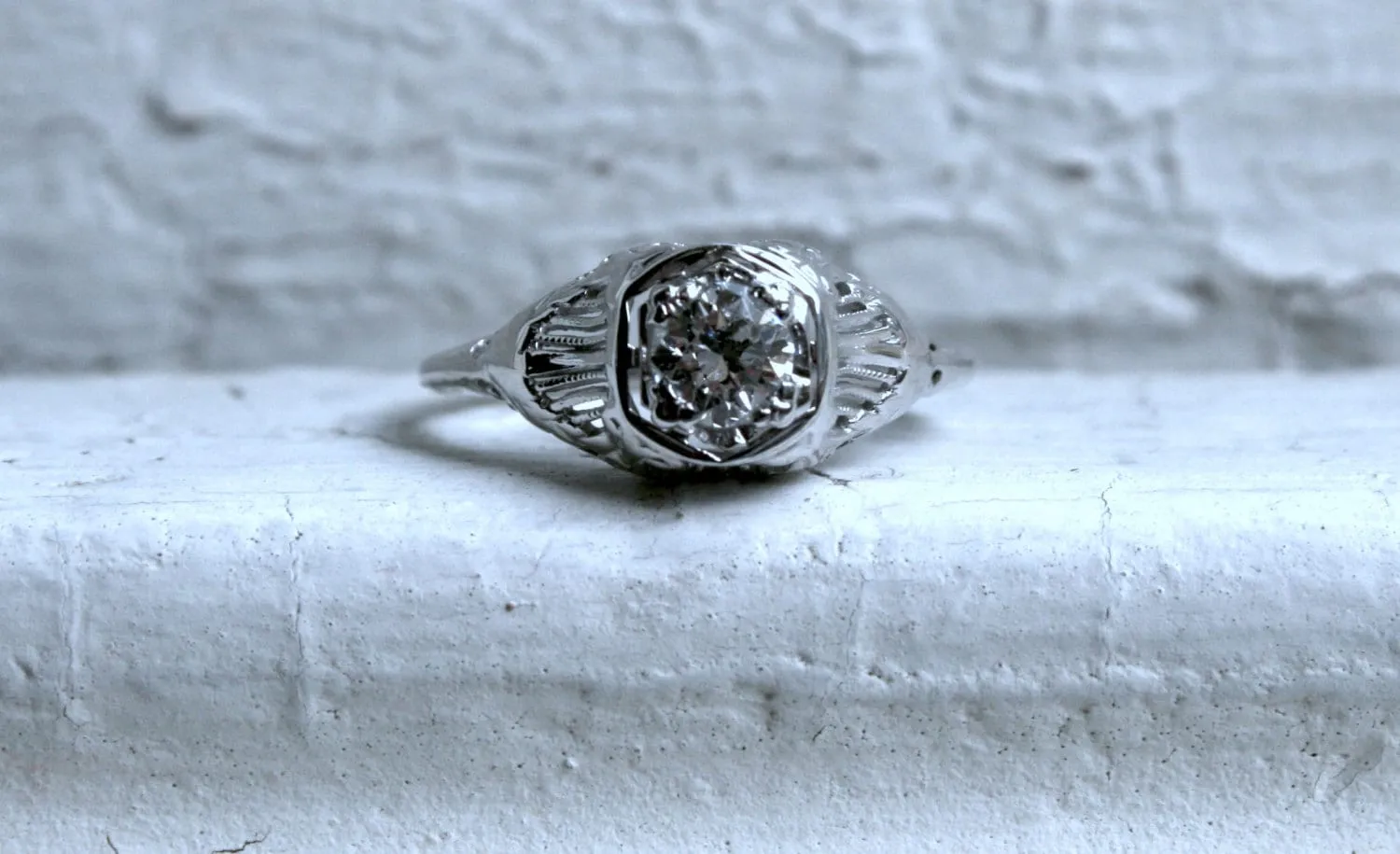 Vintage 14K White Gold Diamond Solitaire Engagement Ring with GIA Certificate.