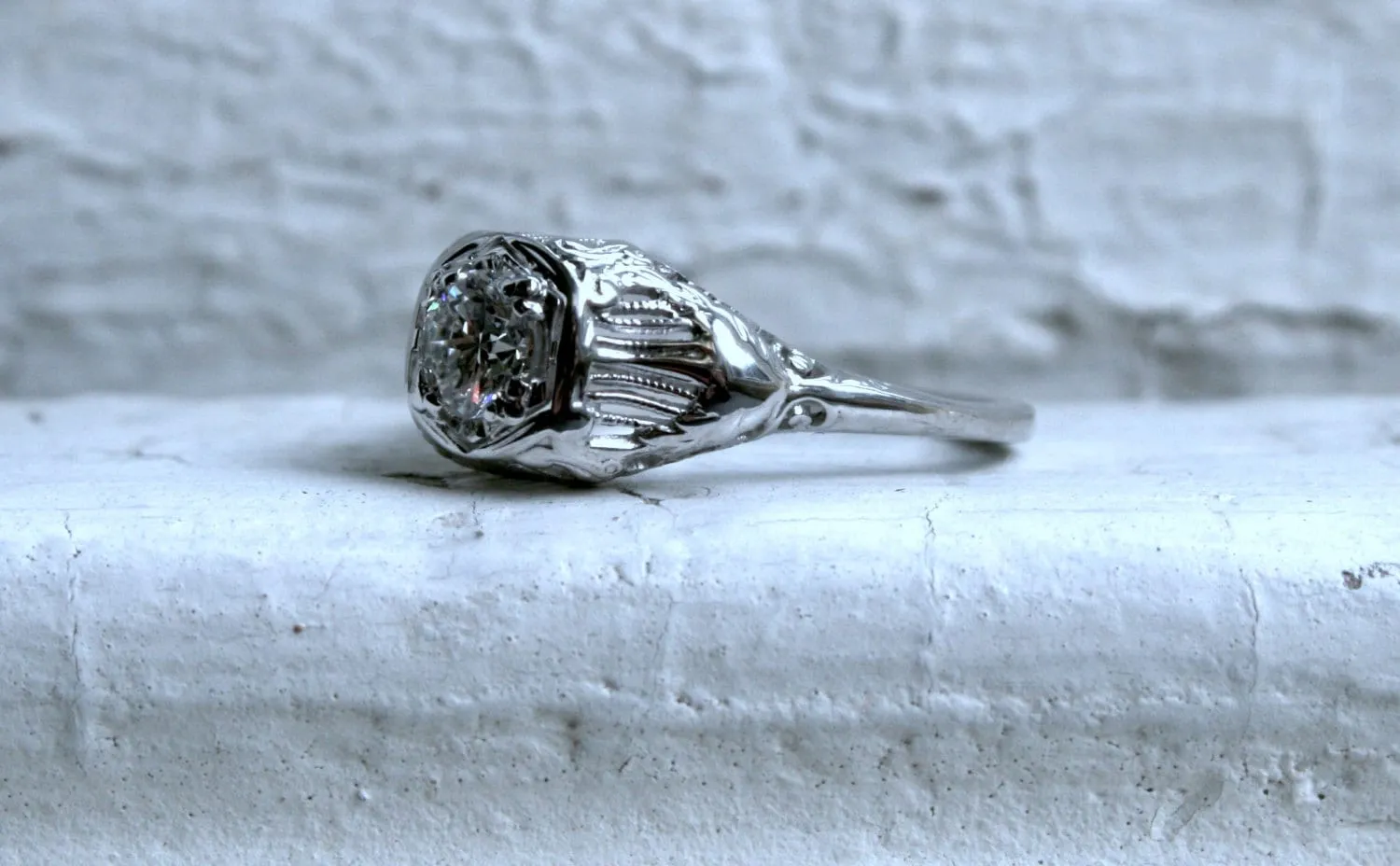 Vintage 14K White Gold Diamond Solitaire Engagement Ring with GIA Certificate.