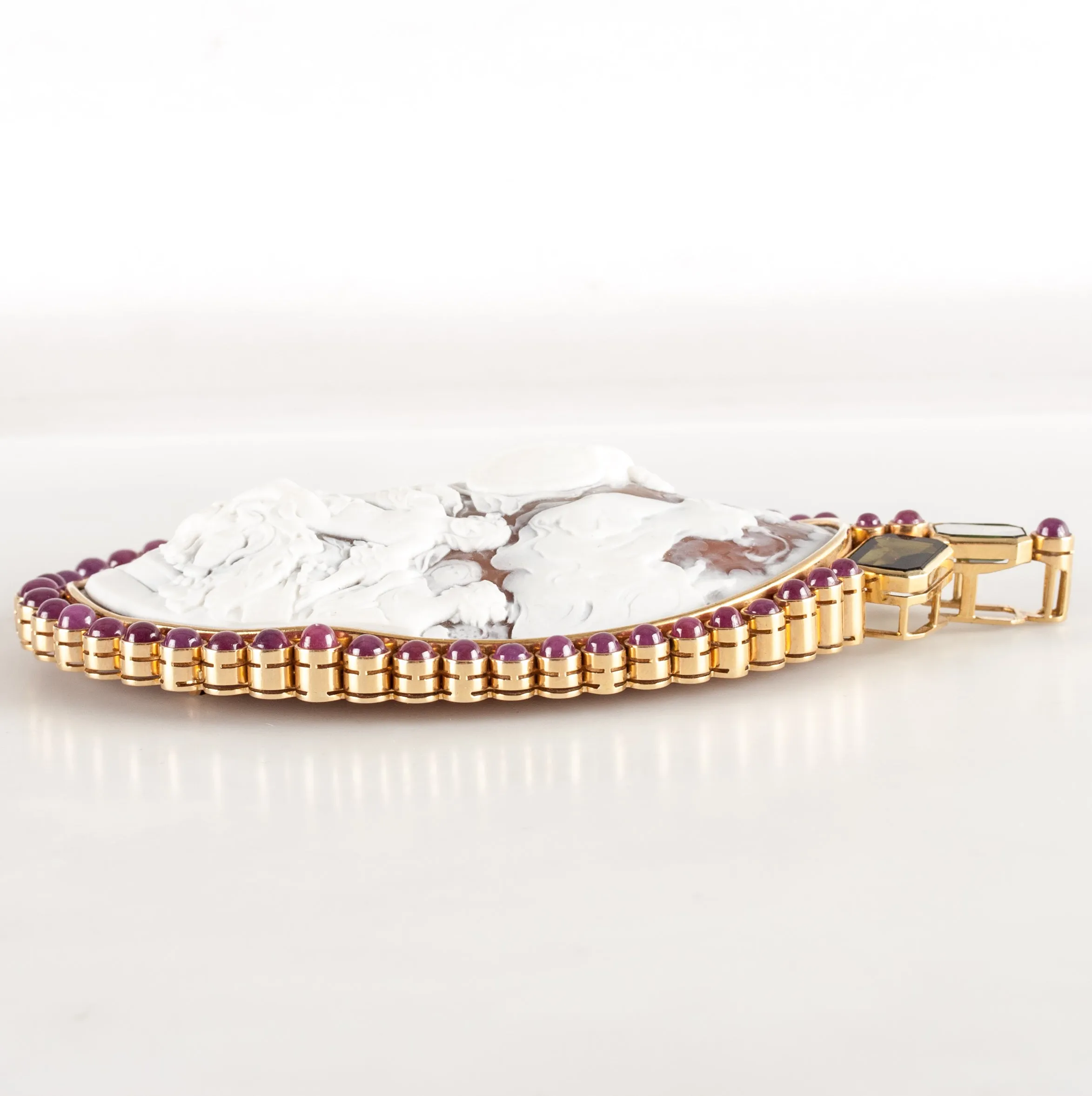 Vintage 14k Yellow Gold Shell Ruby Tourmaline Cameo Brooch Pendant Combo 26.4ctw