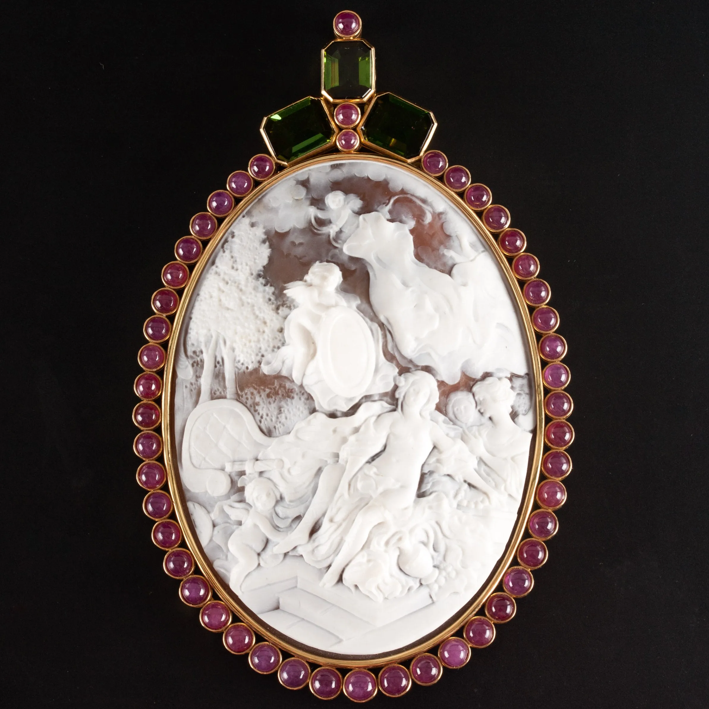 Vintage 14k Yellow Gold Shell Ruby Tourmaline Cameo Brooch Pendant Combo 26.4ctw