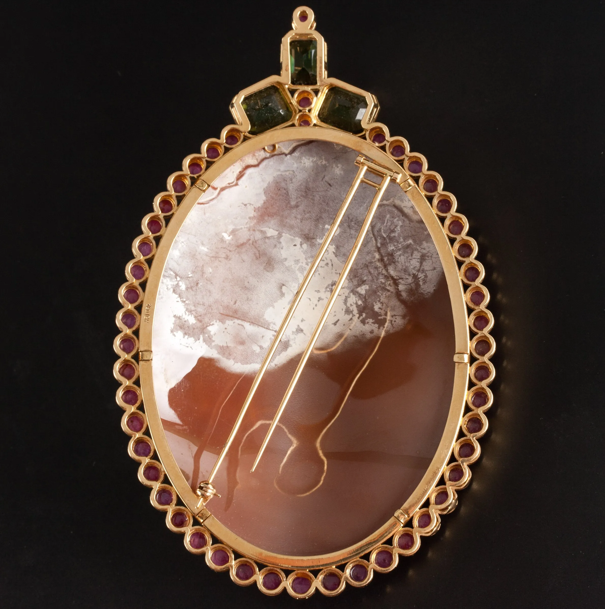 Vintage 14k Yellow Gold Shell Ruby Tourmaline Cameo Brooch Pendant Combo 26.4ctw