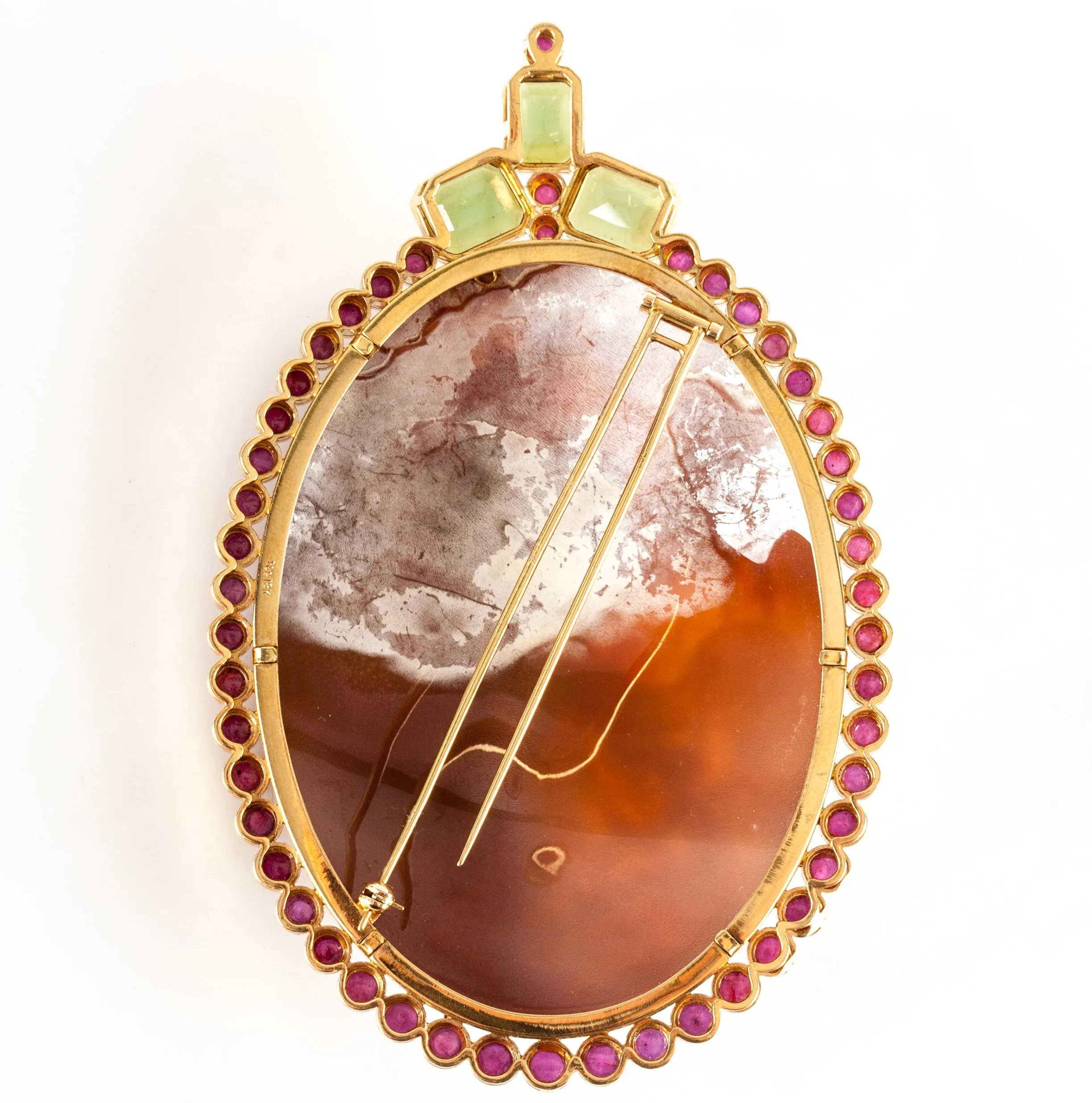 Vintage 14k Yellow Gold Shell Ruby Tourmaline Cameo Brooch Pendant Combo 26.4ctw