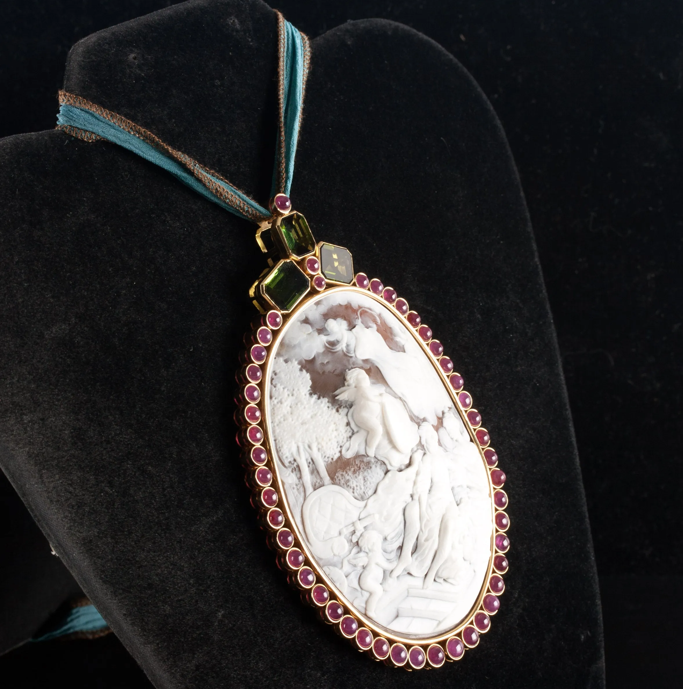 Vintage 14k Yellow Gold Shell Ruby Tourmaline Cameo Brooch Pendant Combo 26.4ctw