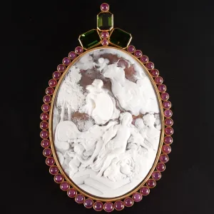 Vintage 14k Yellow Gold Shell Ruby Tourmaline Cameo Brooch Pendant Combo 26.4ctw