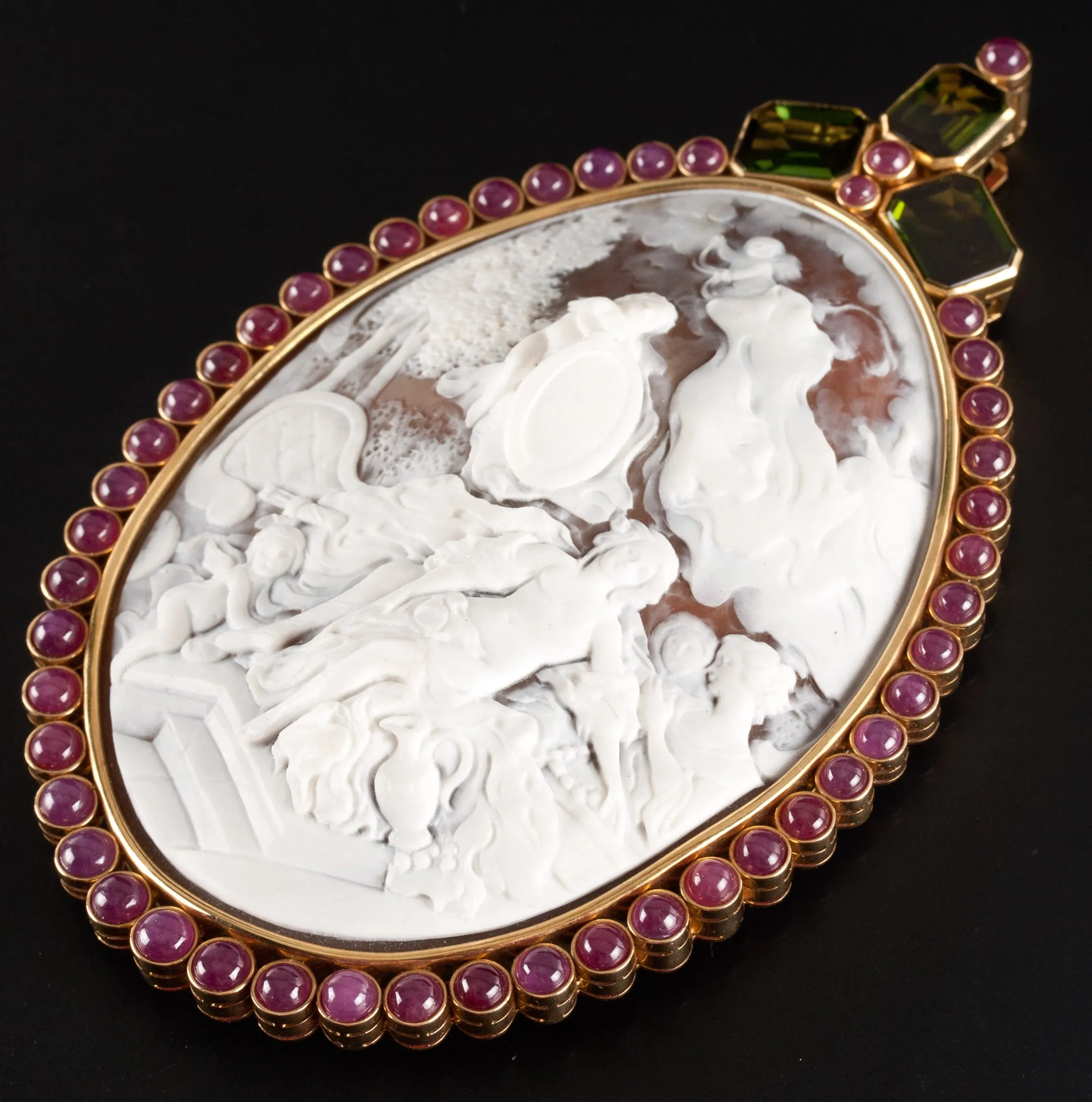 Vintage 14k Yellow Gold Shell Ruby Tourmaline Cameo Brooch Pendant Combo 26.4ctw