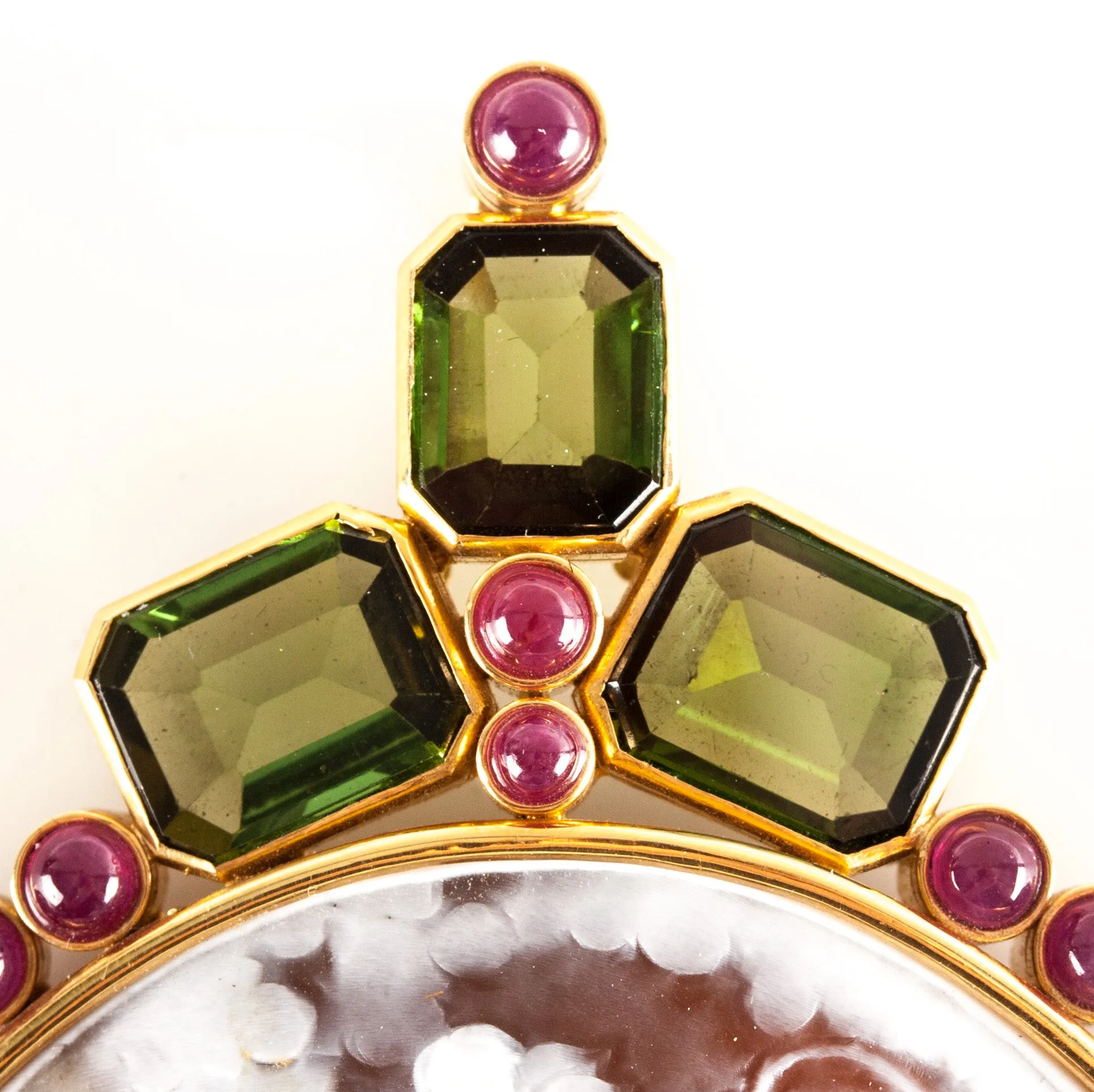 Vintage 14k Yellow Gold Shell Ruby Tourmaline Cameo Brooch Pendant Combo 26.4ctw