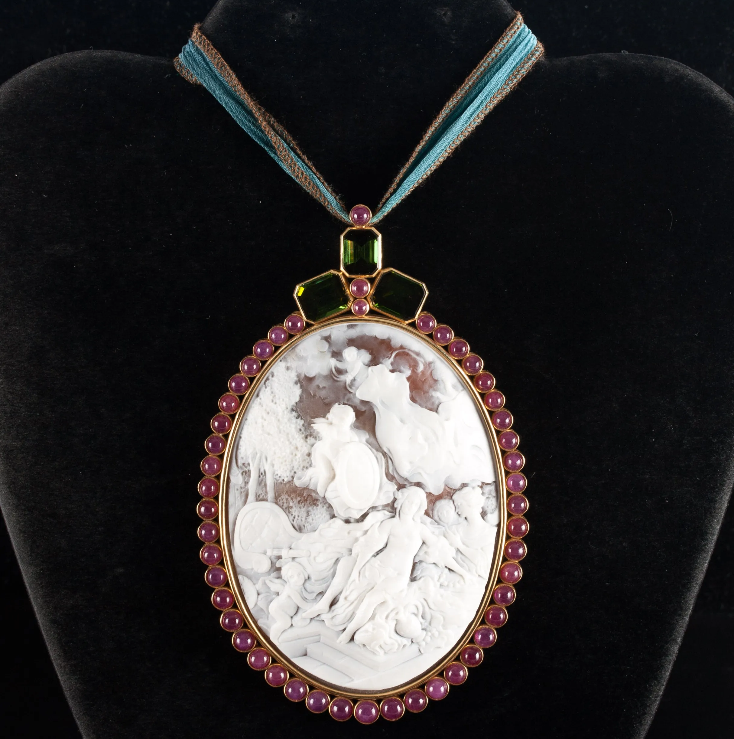 Vintage 14k Yellow Gold Shell Ruby Tourmaline Cameo Brooch Pendant Combo 26.4ctw