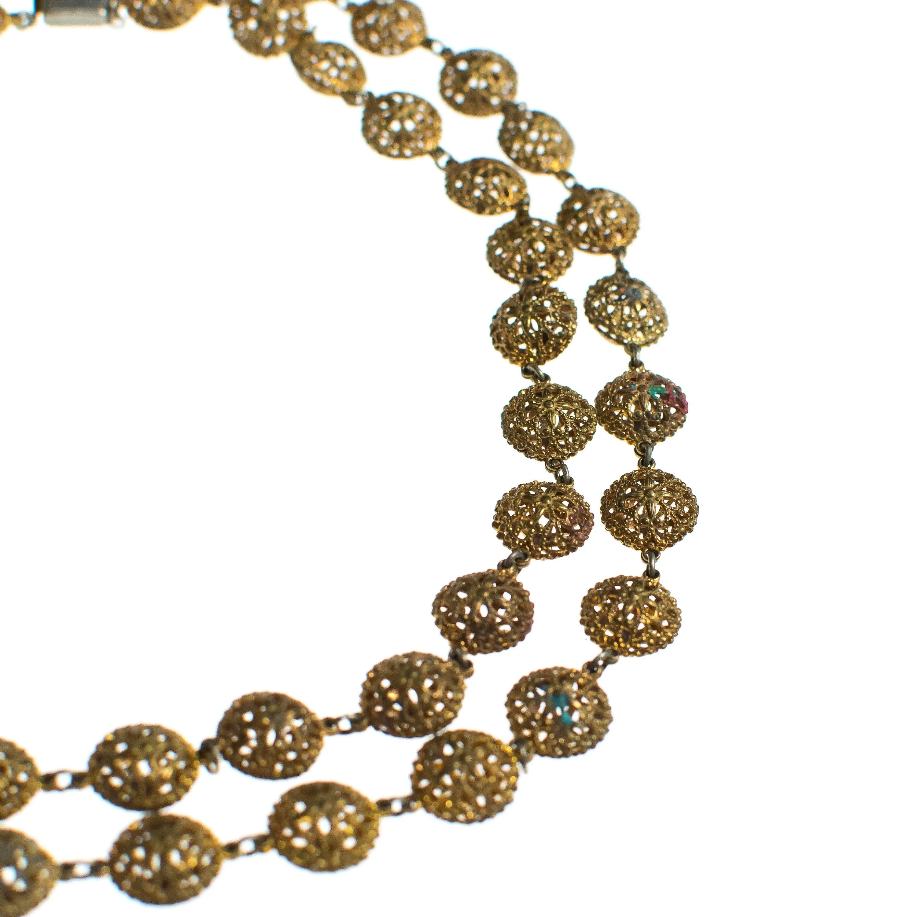 Vintage 1940s Gold Gilt Filigree Double Strand Beaded Necklace