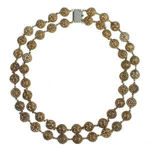 Vintage 1940s Gold Gilt Filigree Double Strand Beaded Necklace