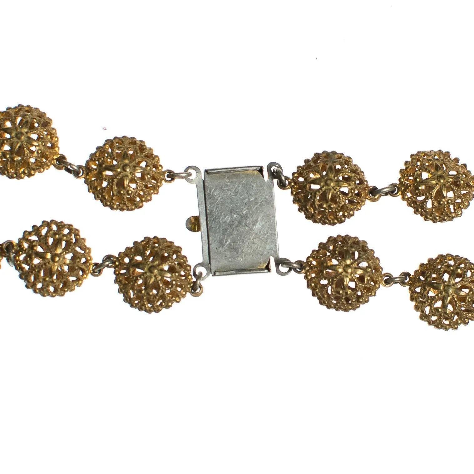 Vintage 1940s Gold Gilt Filigree Double Strand Beaded Necklace