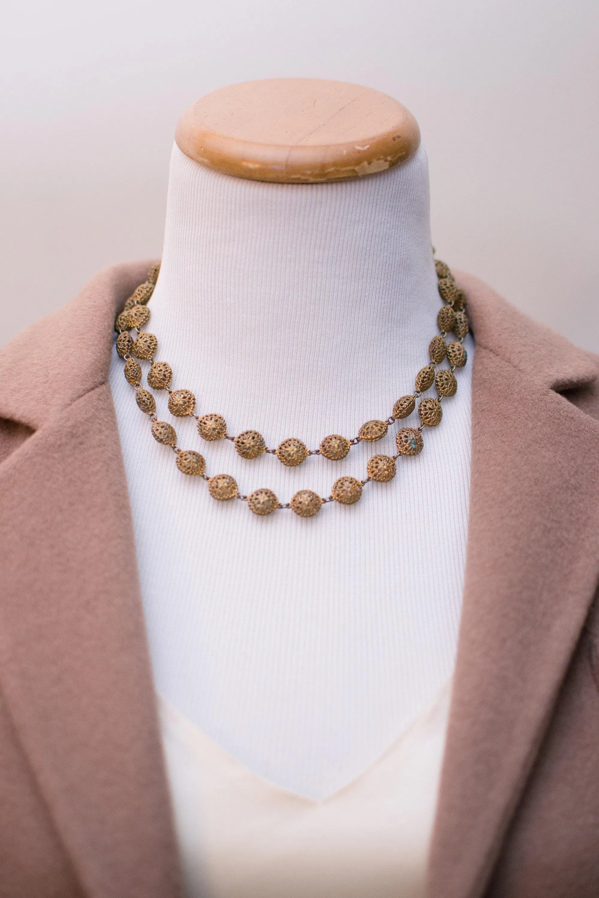 Vintage 1940s Gold Gilt Filigree Double Strand Beaded Necklace