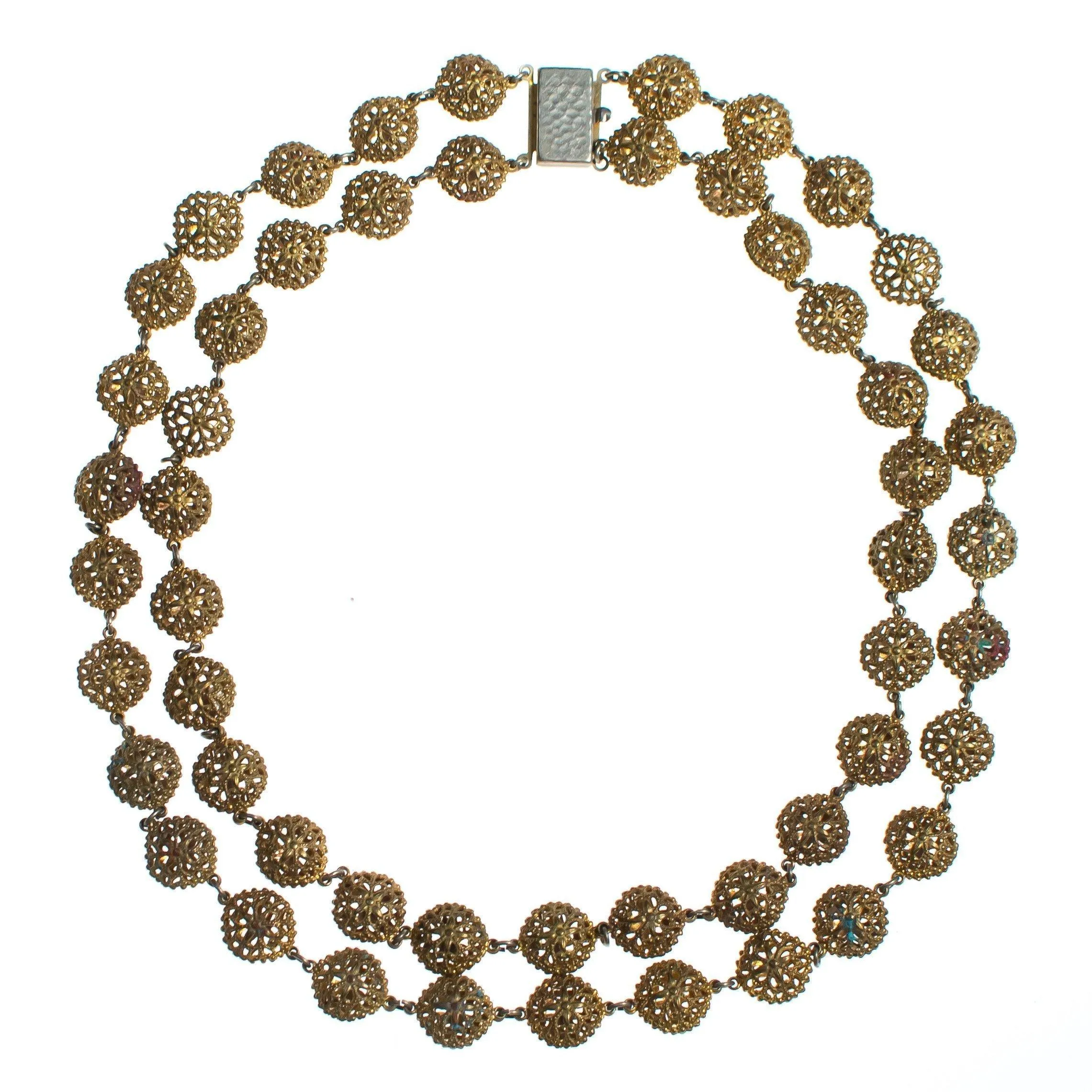 Vintage 1940s Gold Gilt Filigree Double Strand Beaded Necklace