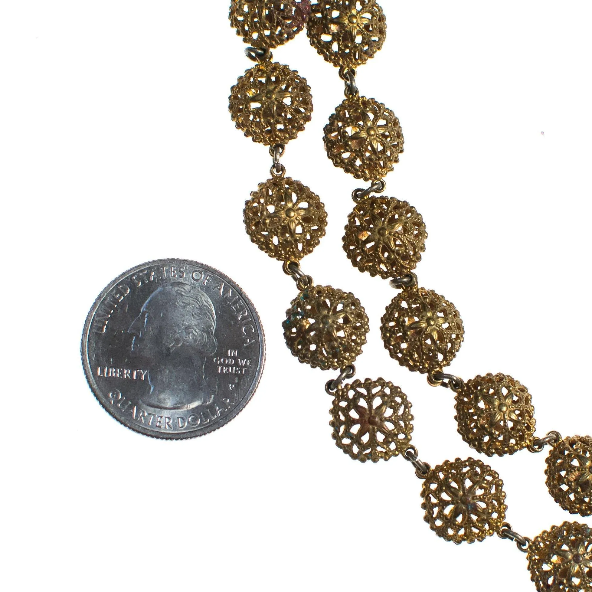 Vintage 1940s Gold Gilt Filigree Double Strand Beaded Necklace