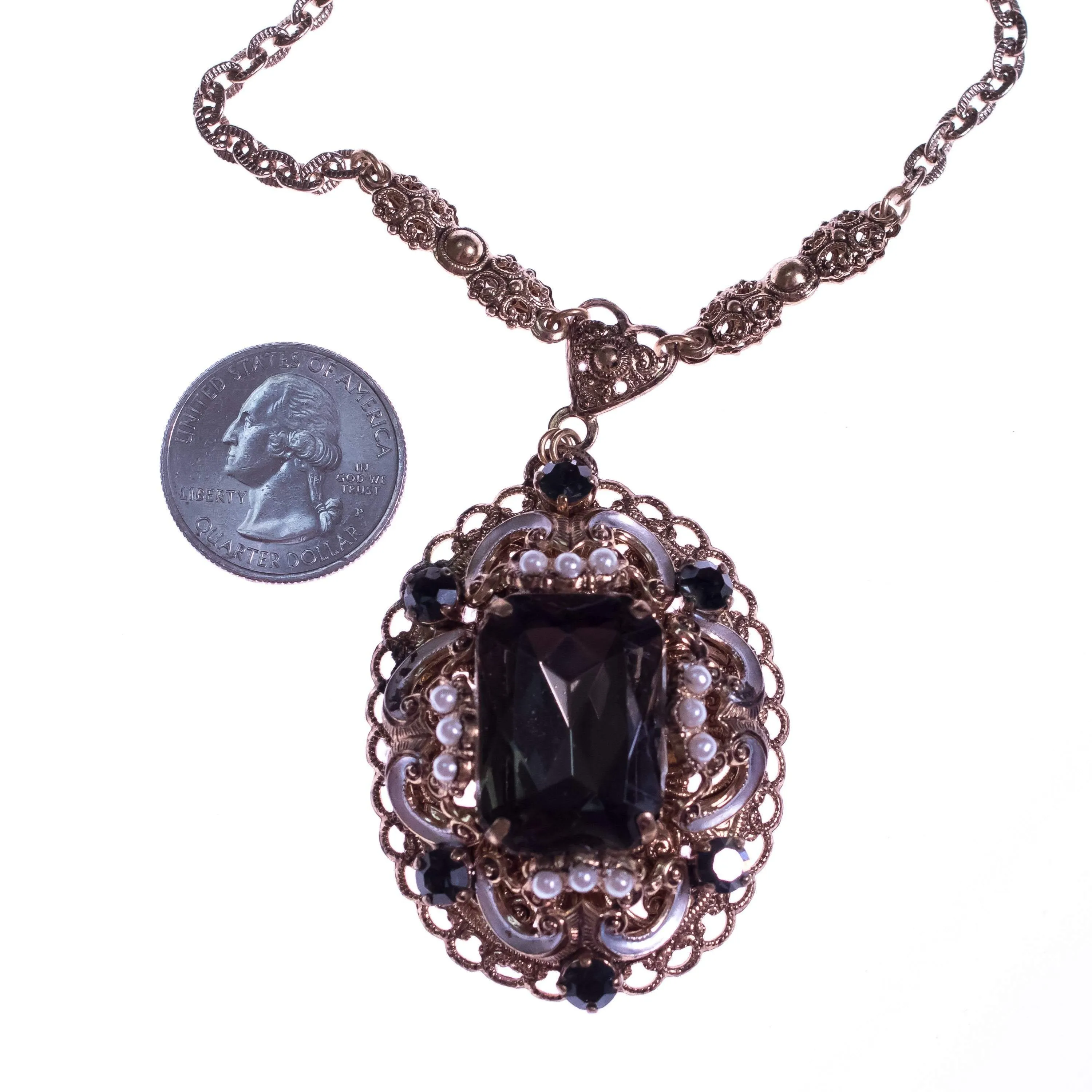 Vintage 1950s West German Crystal and Faux Pearl Filigree Necklace