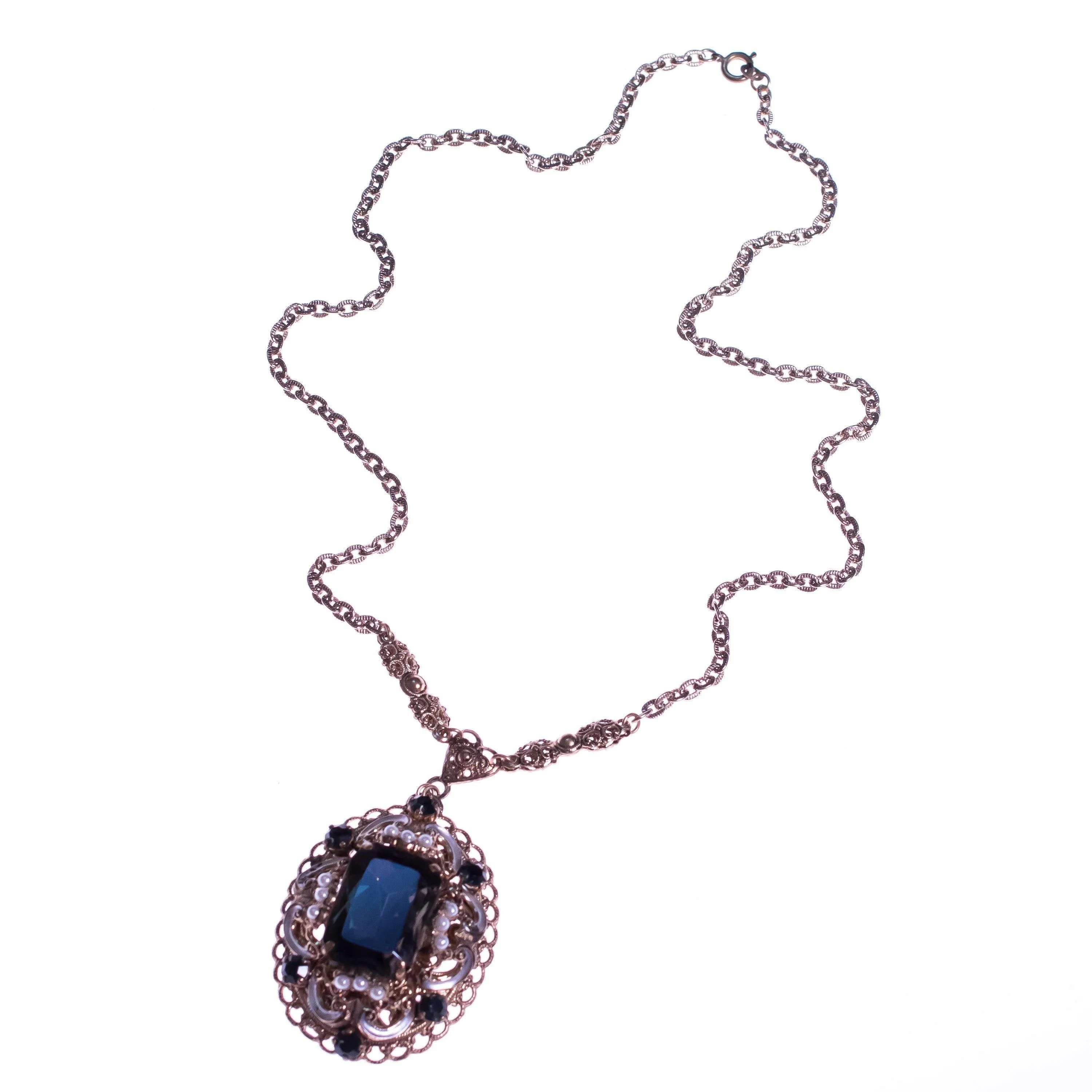 Vintage 1950s West German Crystal and Faux Pearl Filigree Necklace