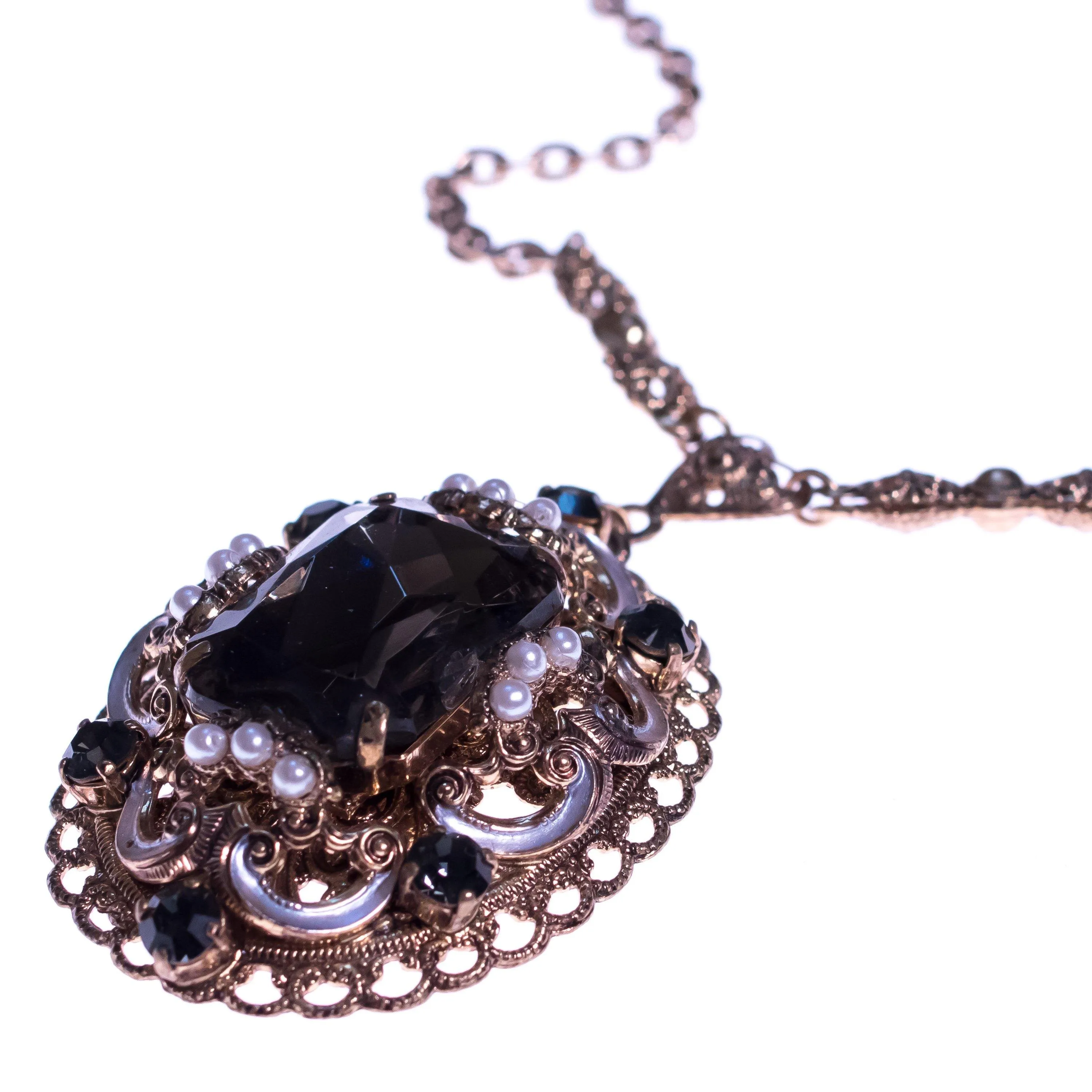 Vintage 1950s West German Crystal and Faux Pearl Filigree Necklace